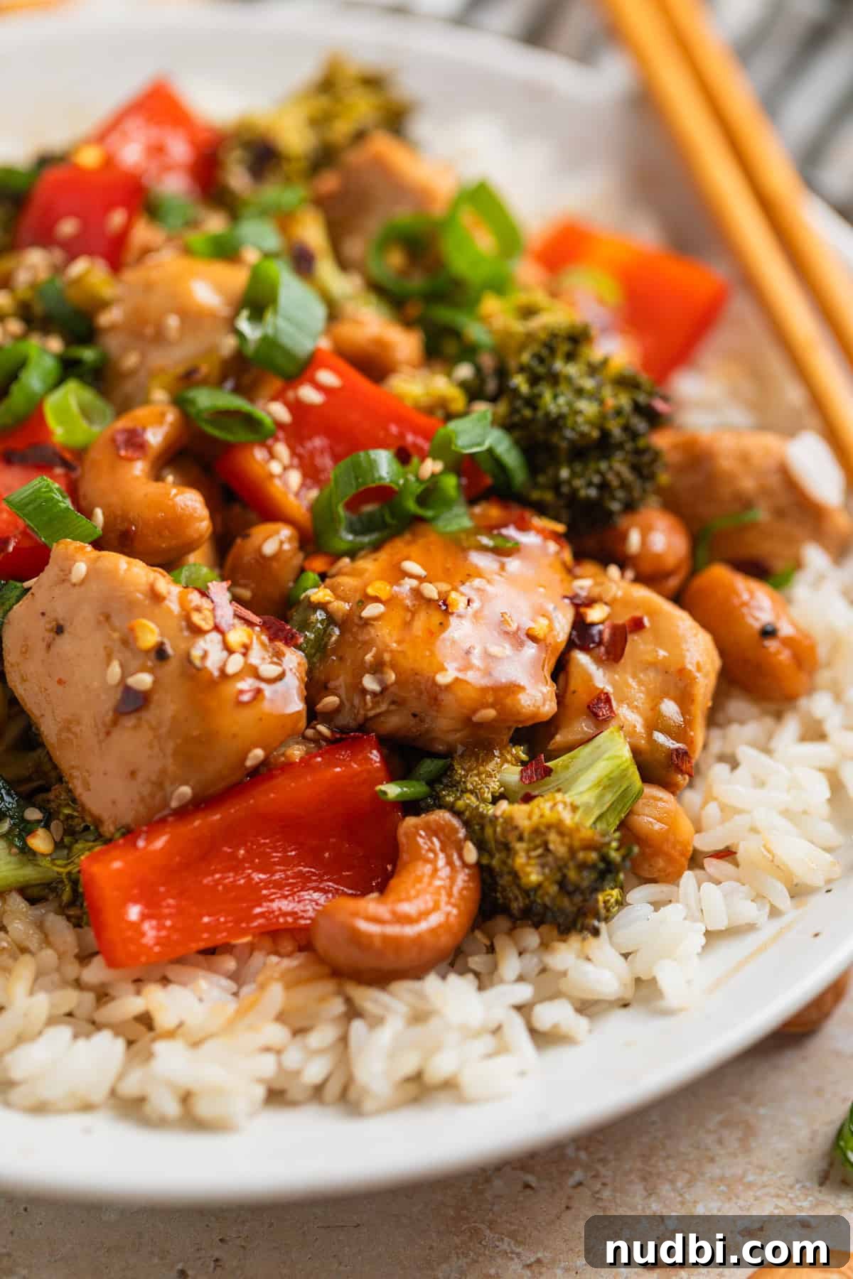 Crispy Baked Cashew Chicken with Garlic Soy Glaze 10 Ceramic plate with rice covered in chicken, red bell pepper, broccoli, green onion and sesame seeds.