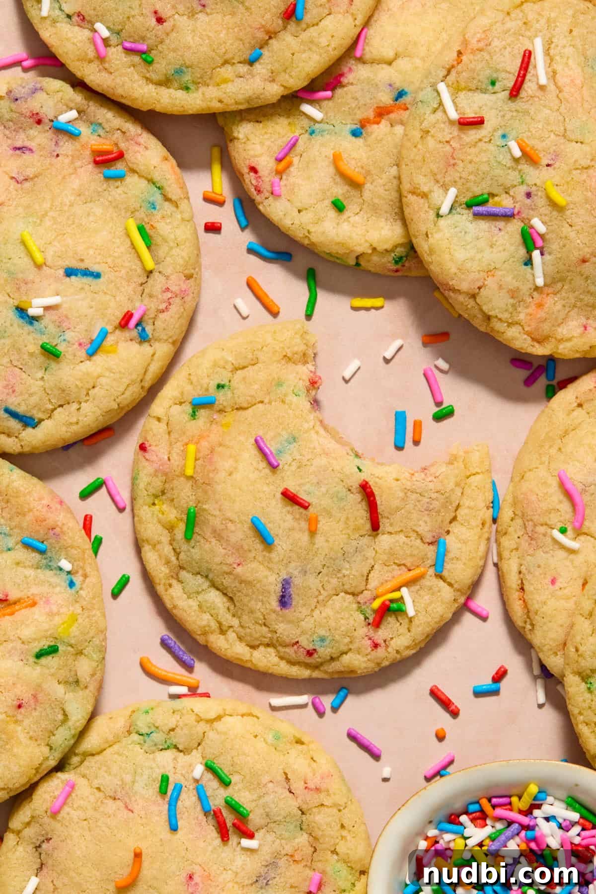 Funfetti Birthday Cake Cookies Recipe for Colorful Party Treats 2 Funfetti birthday cake cookies arranged on surface with bite taken out of one cookie.