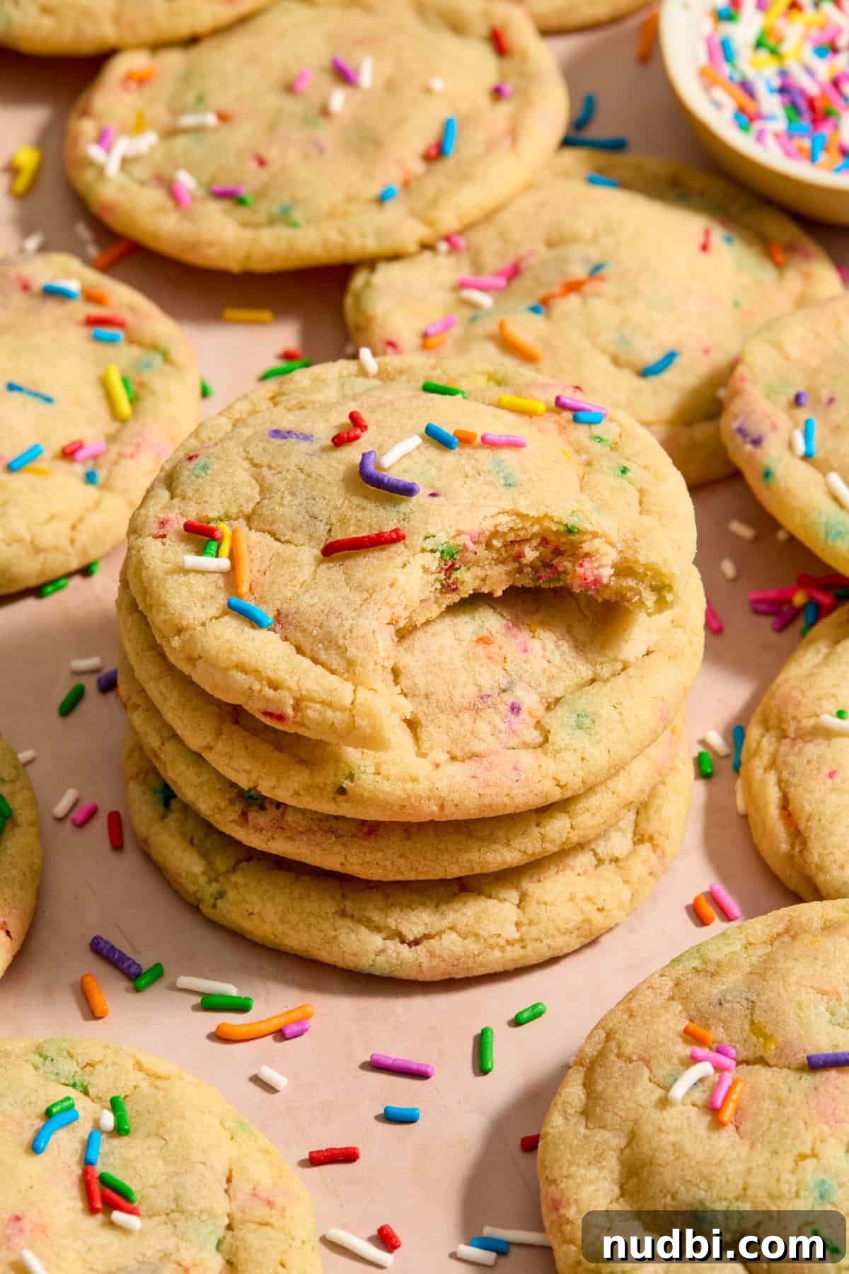 Funfetti Birthday Cake Cookies Recipe for Colorful Party Treats 12 Stack of birthday cake cookies with rainbow sprinkles and bite taken out of top cookie.