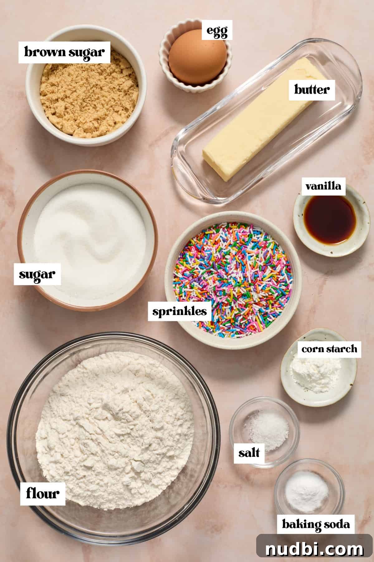 Funfetti Birthday Cake Cookies Recipe for Colorful Party Treats 3 Flour, sugar, butter, and other ingredients measured and arranged on surface.