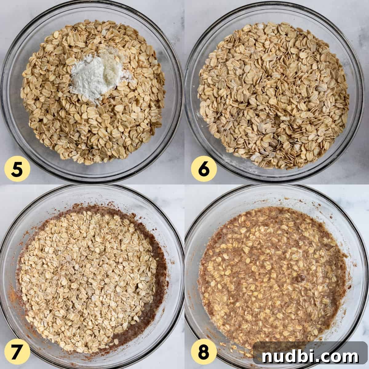 Blueberry Baked Oatmeal Recipe for Cozy Breakfasts 5 Rolled oats mixed with dry ingredients and wet ingredients in mixing bowl.