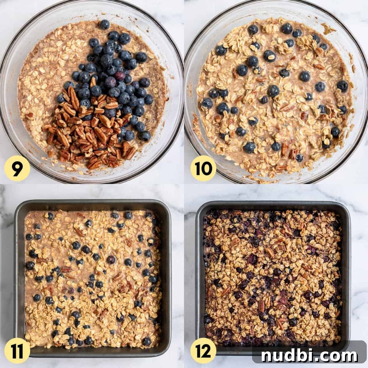 Blueberry Baked Oatmeal Recipe for Cozy Breakfasts 6 Blueberries and pecans added to mixture in bowl.