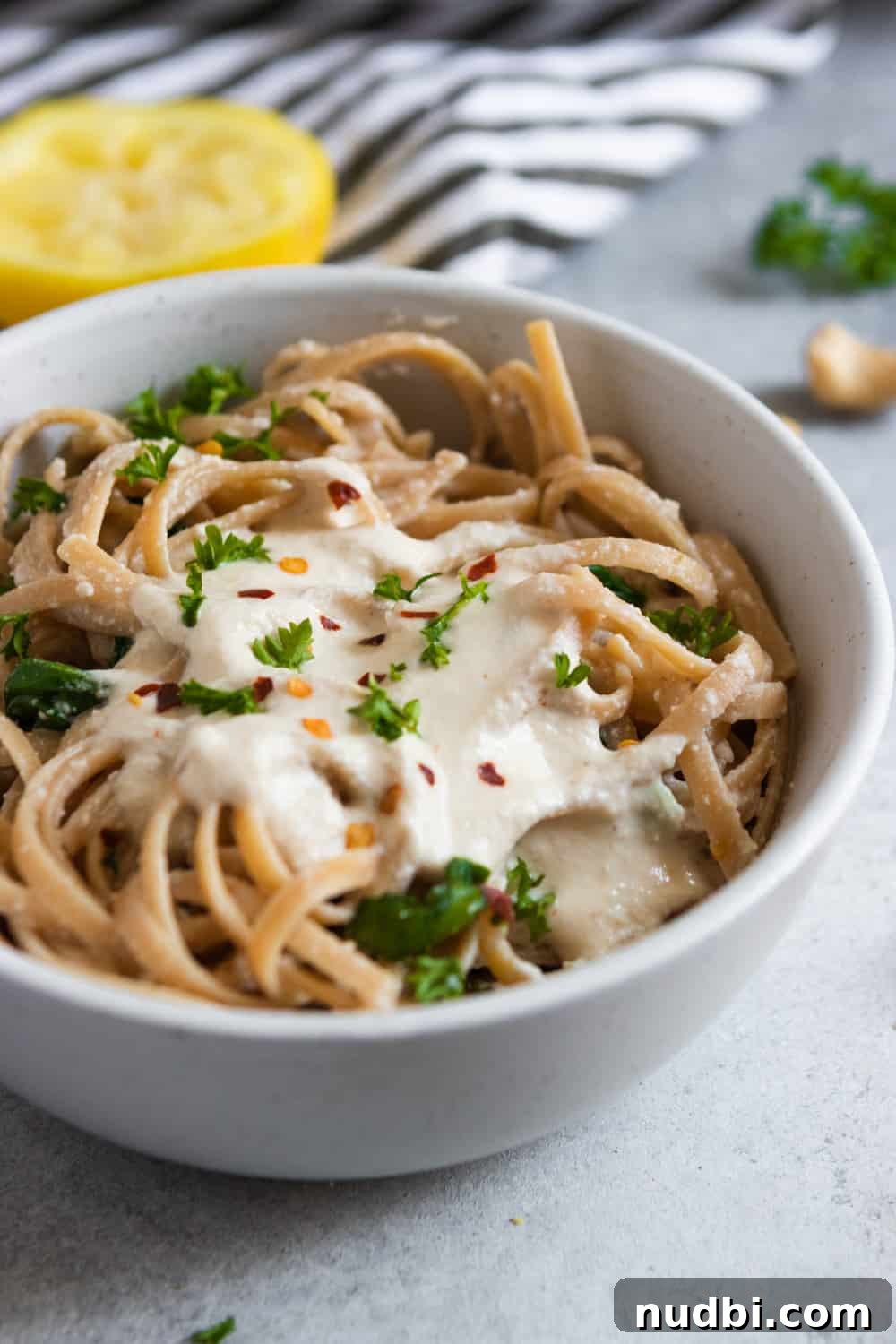 Lemon Garlic Cashew Cream Sauce for Fettuccine Recipe 2 Lemon Garlic Cashew Cream Sauce over Fettuccini.