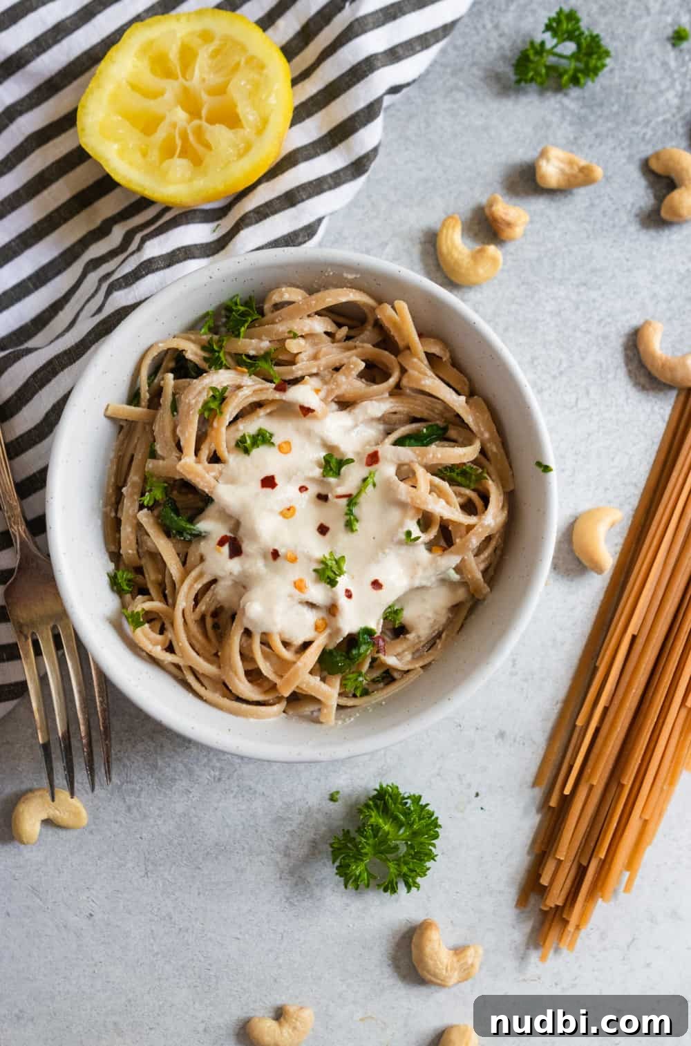 Lemon Garlic Cashew Cream Sauce for Fettuccine Recipe 3 Lemon Garlic Cashew Cream Sauce over Pasta.