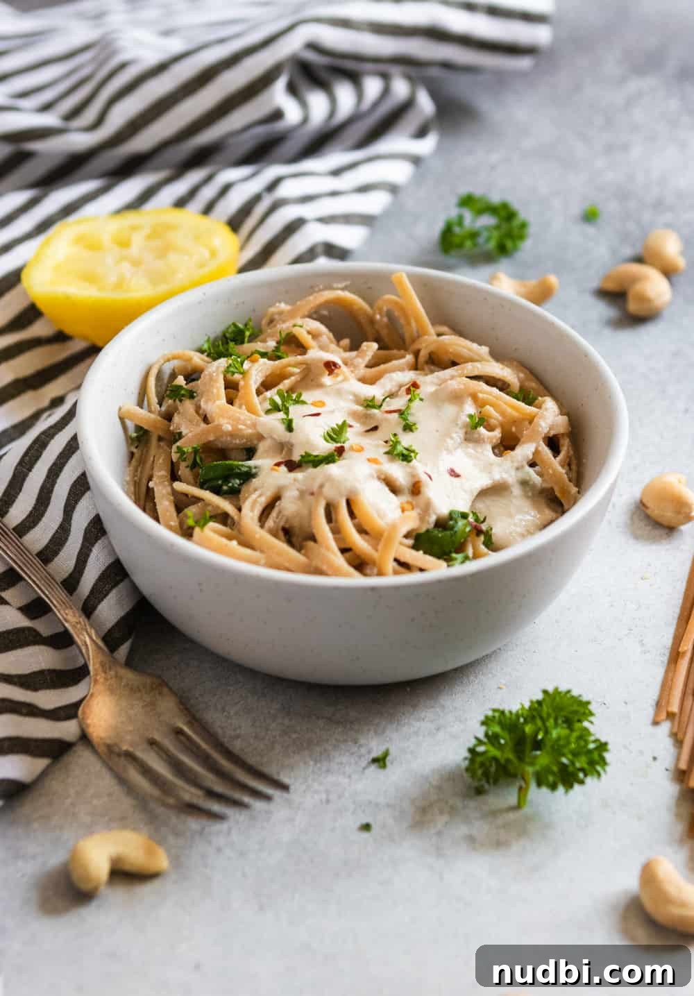 Lemon Garlic Cashew Cream Sauce for Fettuccine Recipe 5 Lemon Garlic Cashew Cream Sauce with pasta.