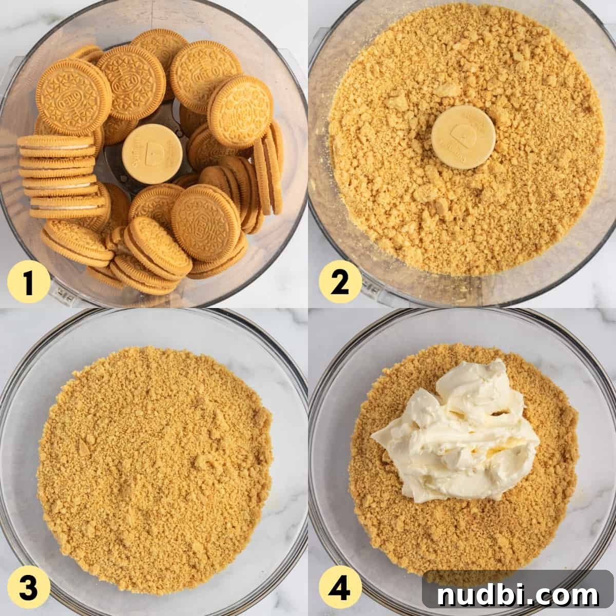 Golden Oreo Truffles Recipe — Creamy No-Bake Dessert Bite 5 Process photos with crumbled up cookies.