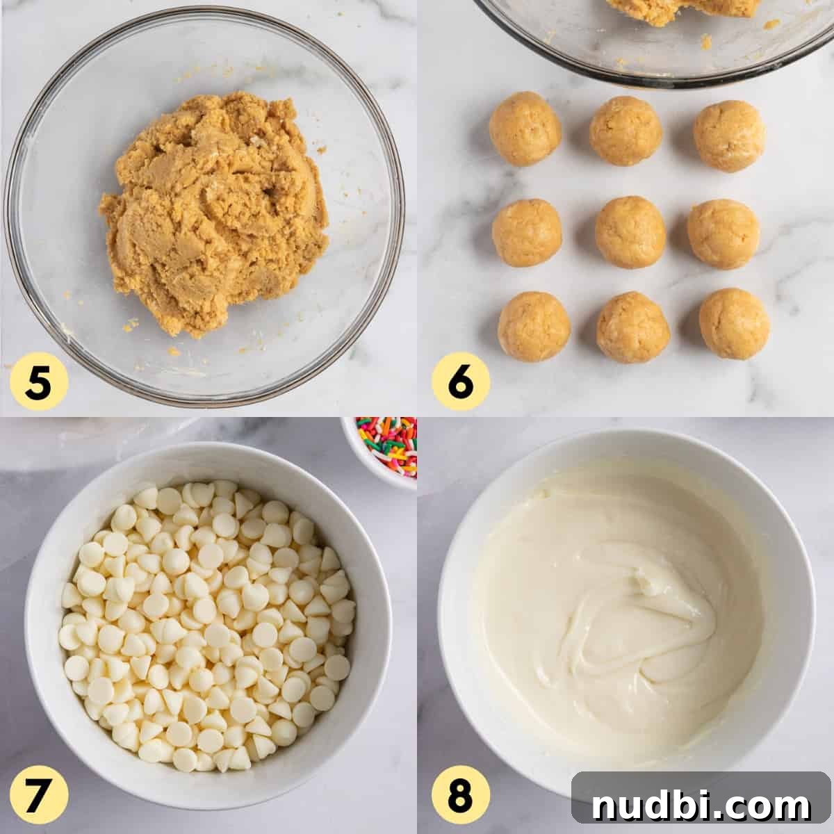 Golden Oreo Truffles Recipe — Creamy No-Bake Dessert Bite 6 Process photos with rolled up cookie balls and melted white chocolate in bowl