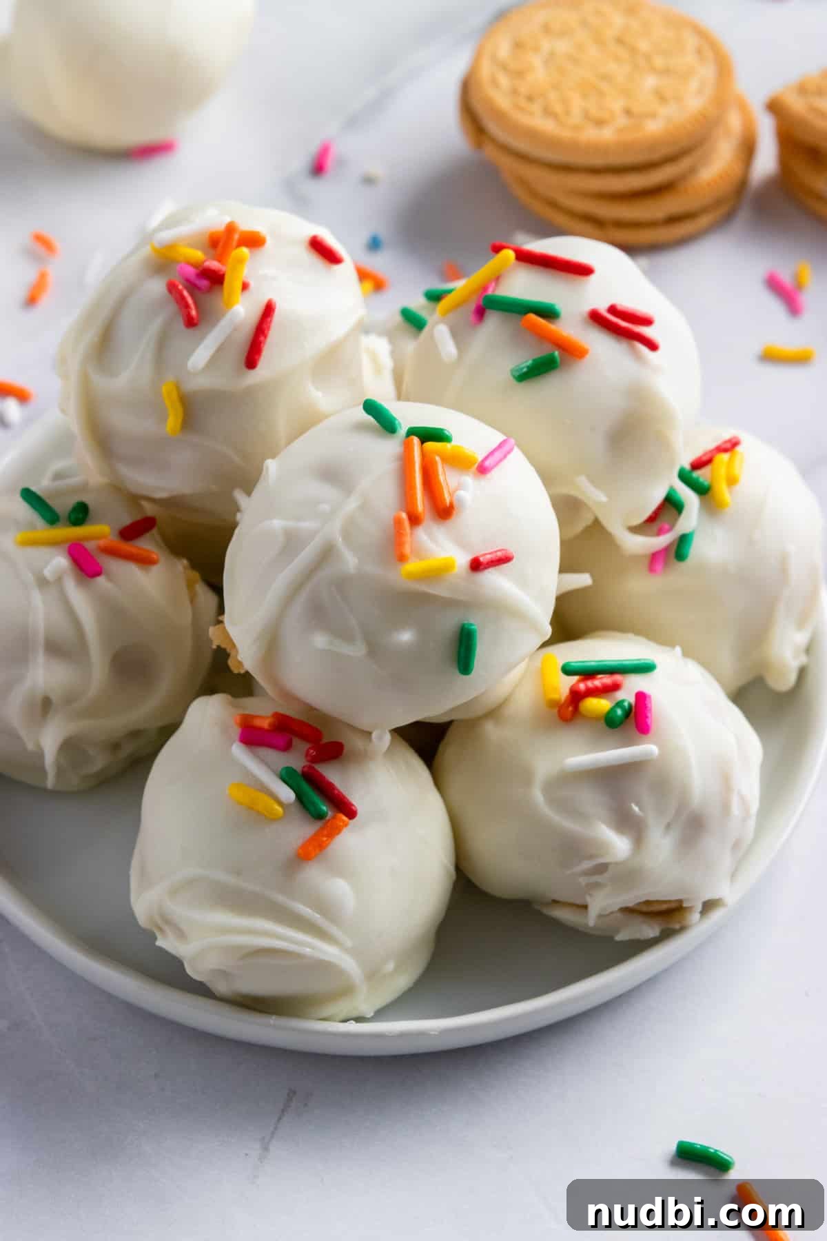 Golden Oreo Truffles Recipe — Creamy No-Bake Dessert Bite 7 Plate of white chocolate coated truffles with rainbow sprinkles.