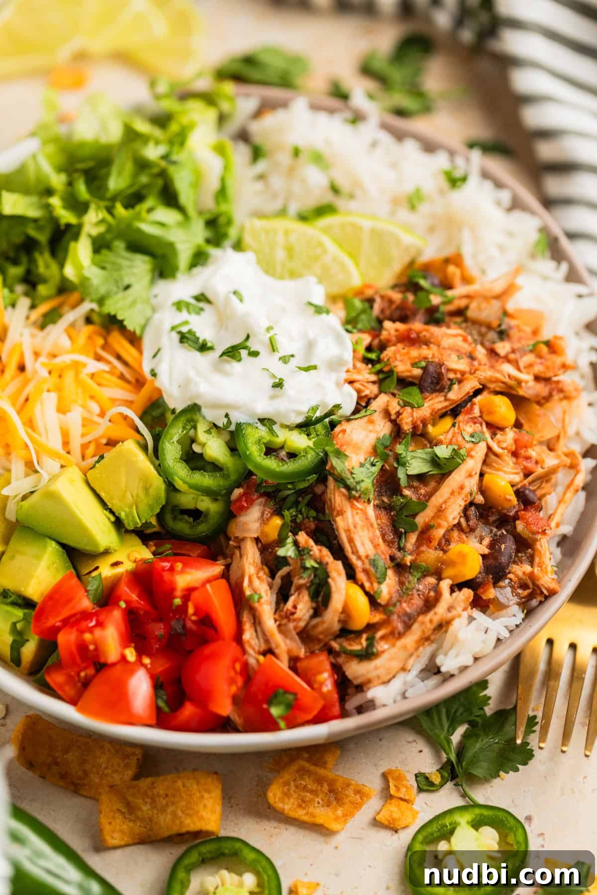 Slow Cooker Chicken Burrito Bowl: Flavorful Make-Ahead Recipe 2 Slow cooker chicken burrito bowl served with rice, limes, cilantro, tomatoes and other ingredients.