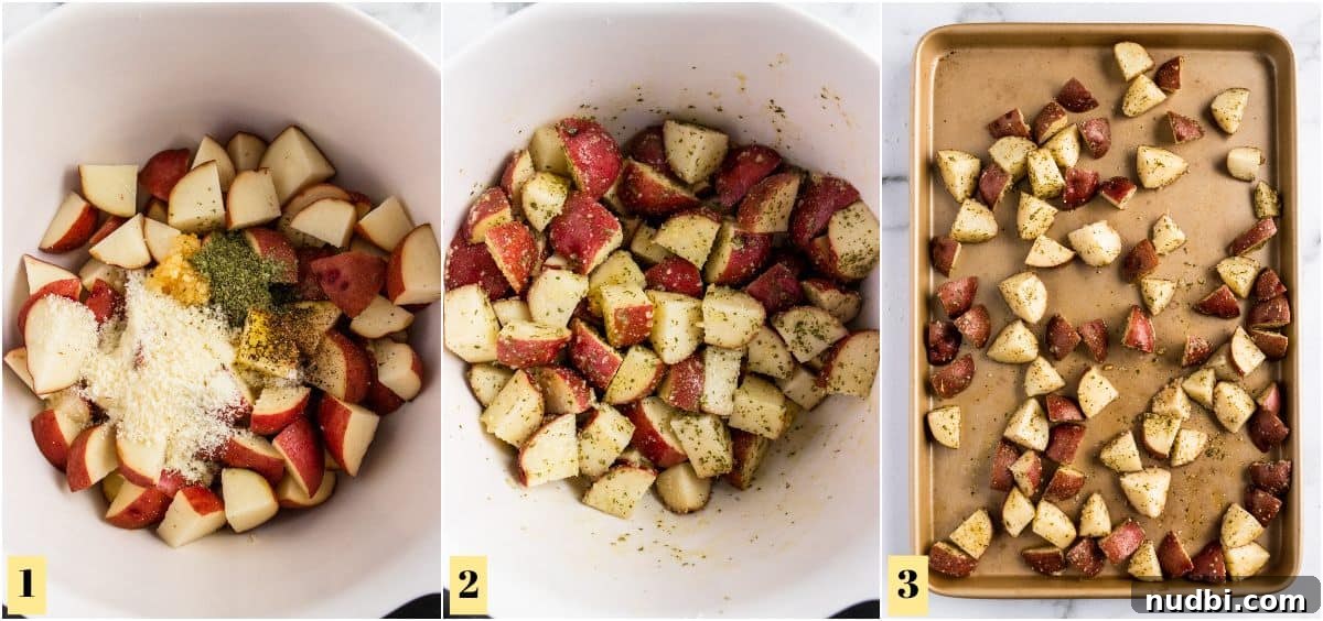 Parmesan-Crusted Steak and Roasted Potato Sheet Pan Dinner 4 Process photos with seasoned potatoes in bowl and then on sheet pan.