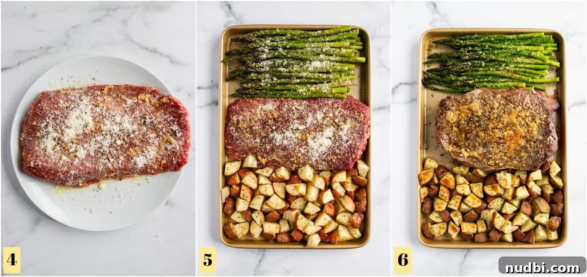 Parmesan-Crusted Steak and Roasted Potato Sheet Pan Dinner 5 Steak seasoned on plate and then added to sheet pan.