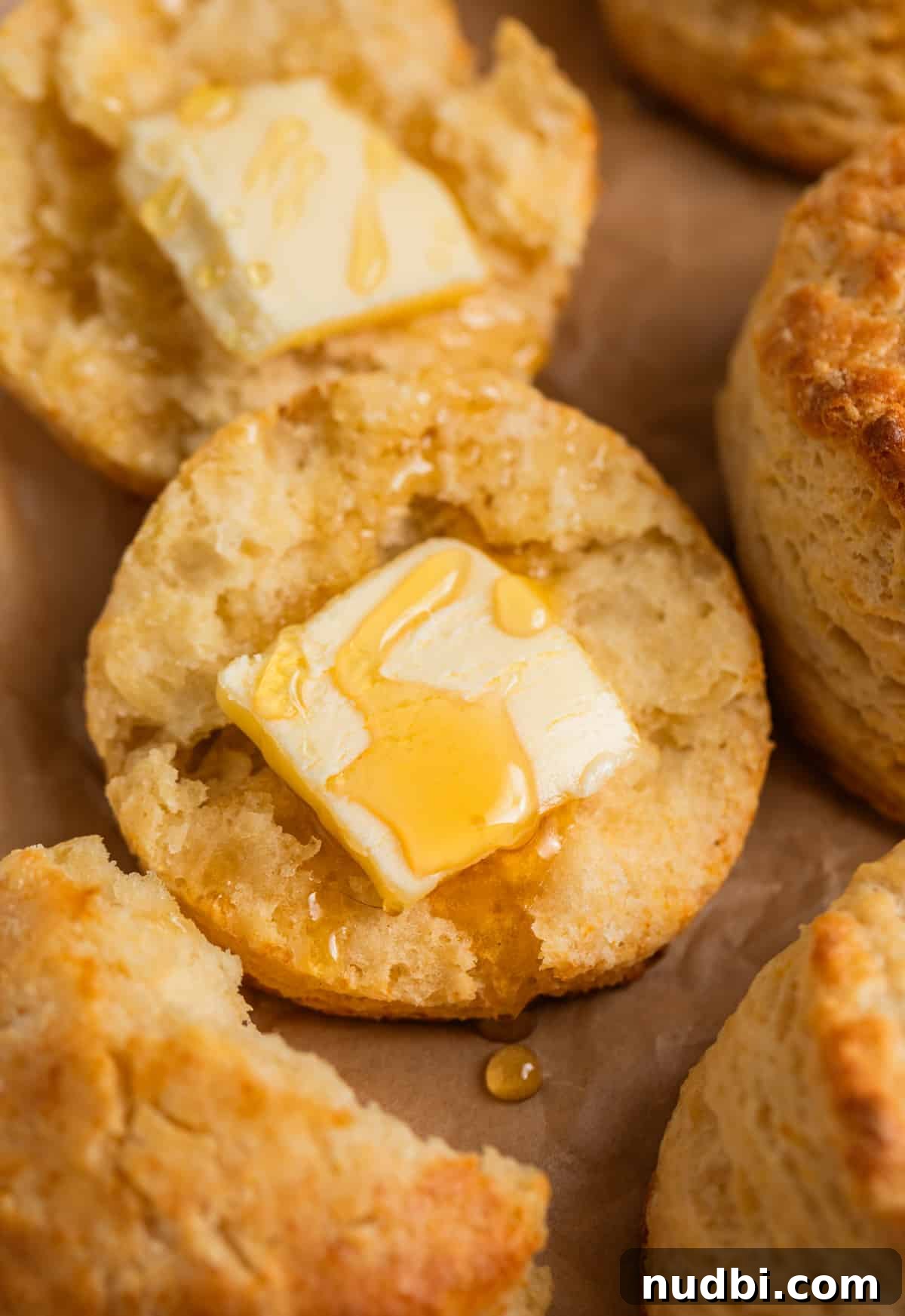 Honey Biscuits Recipe: Soft, Buttery Honey Biscuits in 30 Minutes 11 Split honey biscuit with pad of butter and drizzle of honey on top.