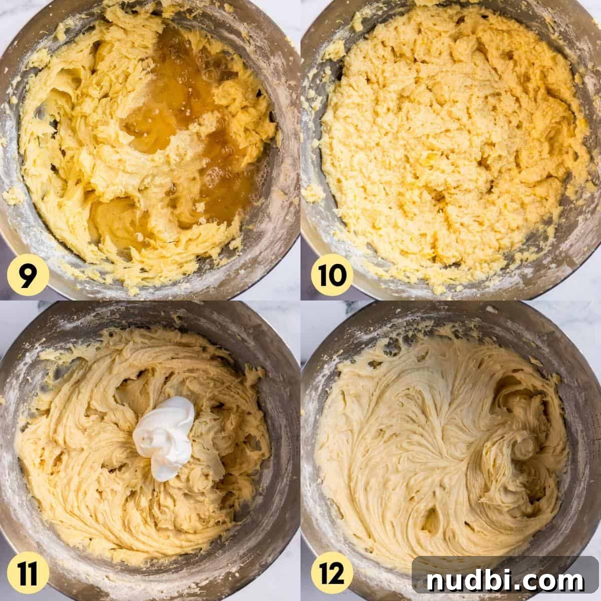 Champagne-Infused Lemon Bundt Cake Recipe 7 Dry ingredients added into wet ingredients of cake.