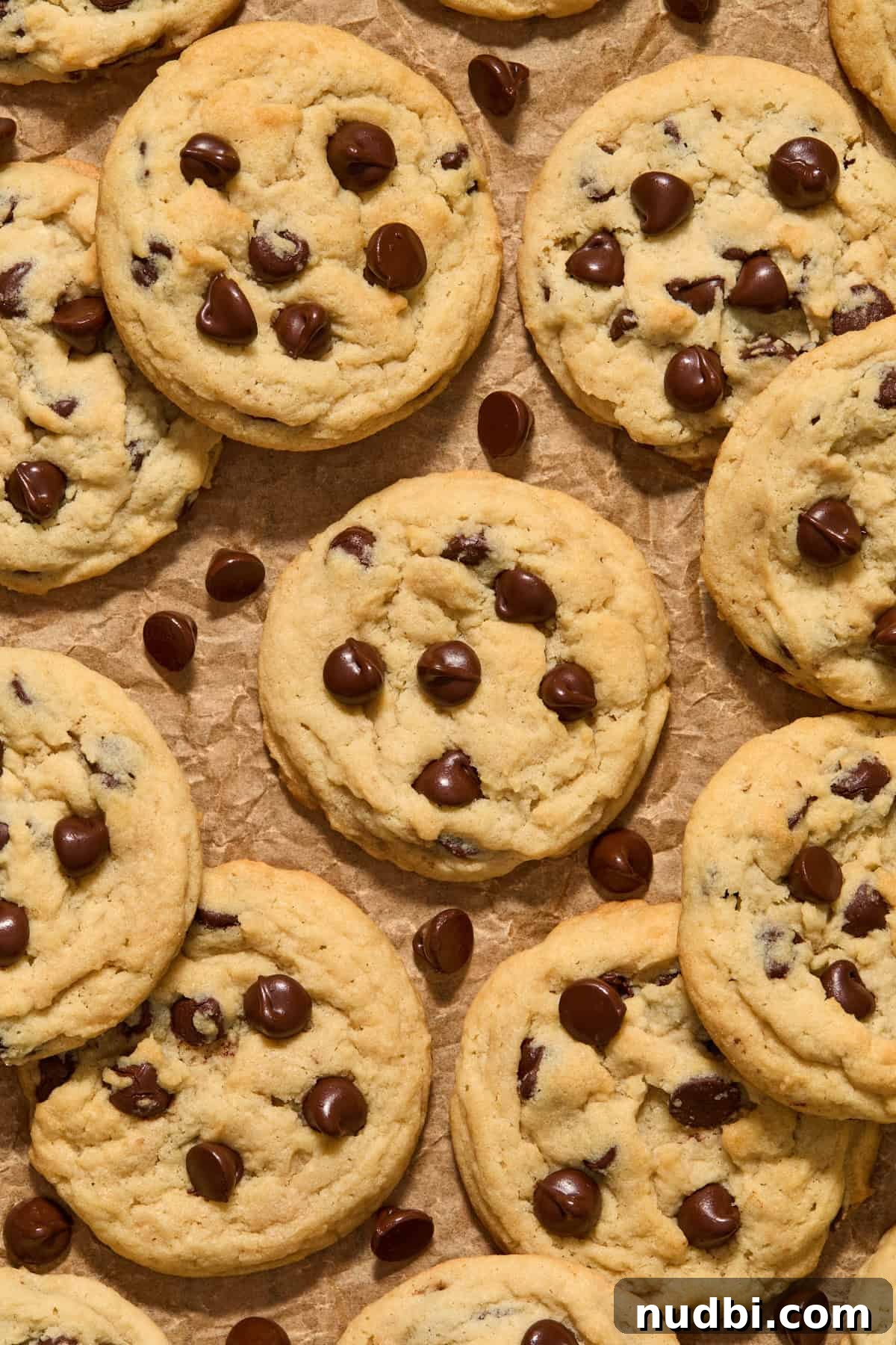 Chewy Chocolate Chip Cookies Without Eggs — Simple Homemade Recipe 2 Chocolate chip cookies without eggs arranged on parchment with chocolate chips surrounding.