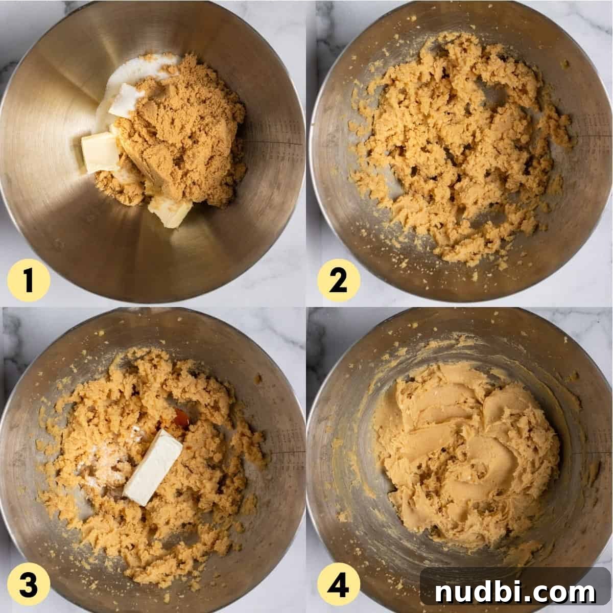 Chewy Chocolate Chip Cookies Without Eggs — Simple Homemade Recipe 4 Butter and sugar in mixing bowl.