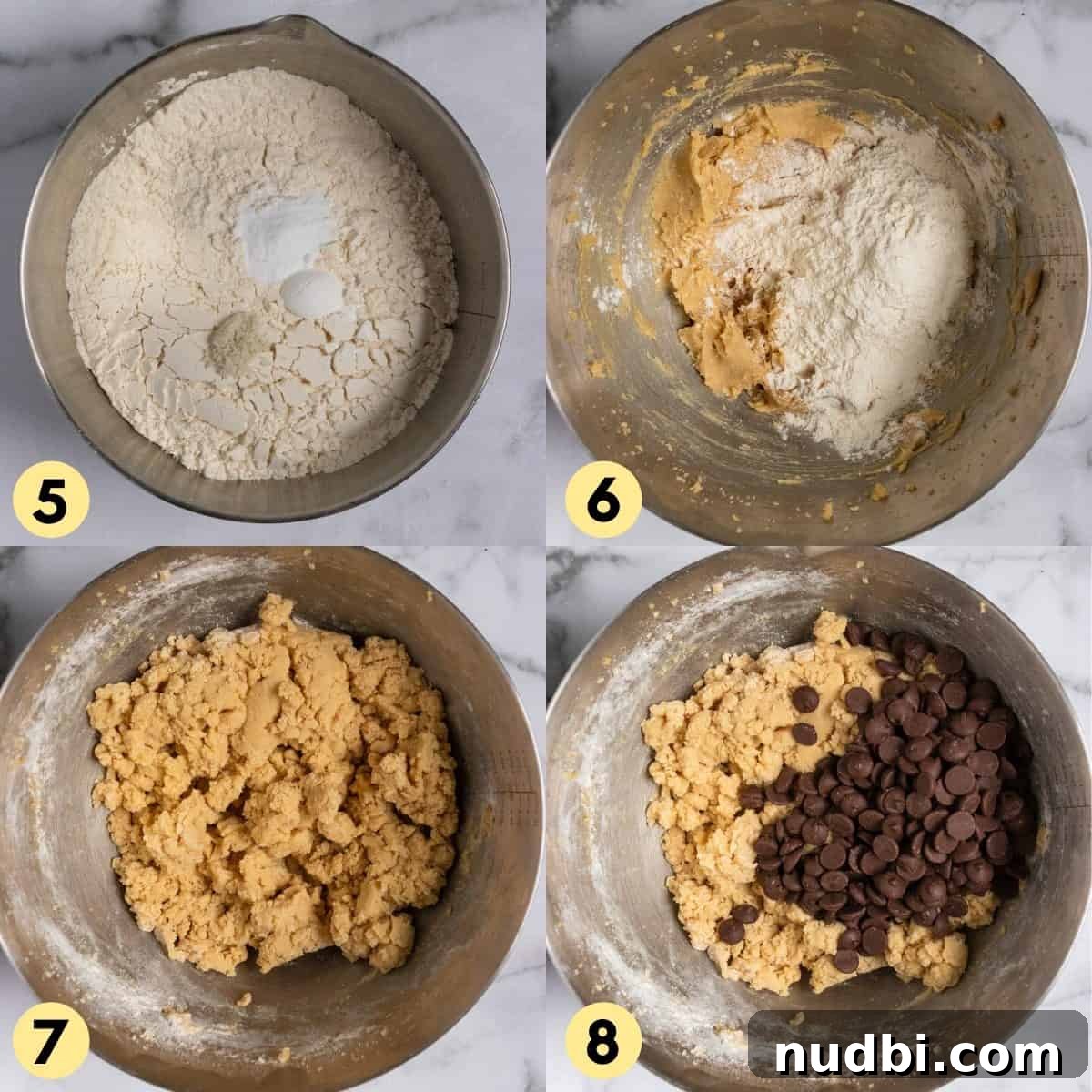 Chewy Chocolate Chip Cookies Without Eggs — Simple Homemade Recipe 5 Dry ingredients added into wet ingredients in mixing bowl.