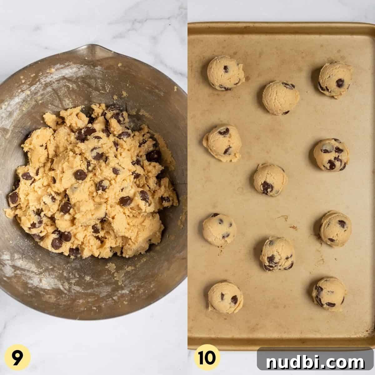 Chewy Chocolate Chip Cookies Without Eggs — Simple Homemade Recipe 6 Cookie dough rolled onto pan.