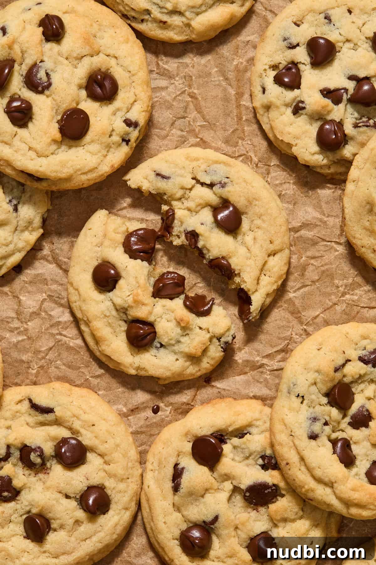 Chewy Chocolate Chip Cookies Without Eggs — Simple Homemade Recipe 7 Chocolate chip cookie broken in half with melted chocolate dripping from the cookie.