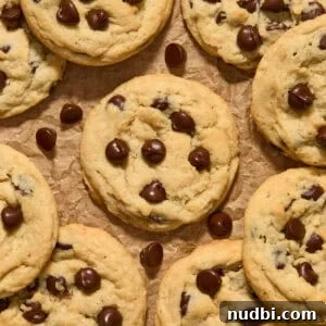 Chewy Chocolate Chip Cookies Without Eggs — Simple Homemade Recipe 8 Chocolate chip cookies arranged on brown parchment paper with chocolate chips.