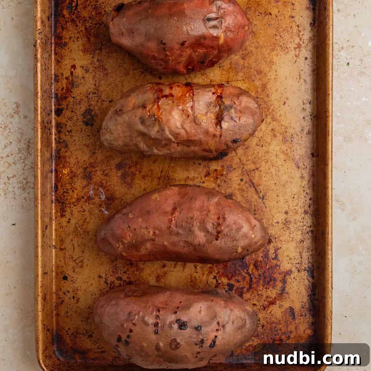Taco-Stuffed Sweet Potatoes That Are Ready in 30 Minutes 4 Roasted sweet potatoes on pan.