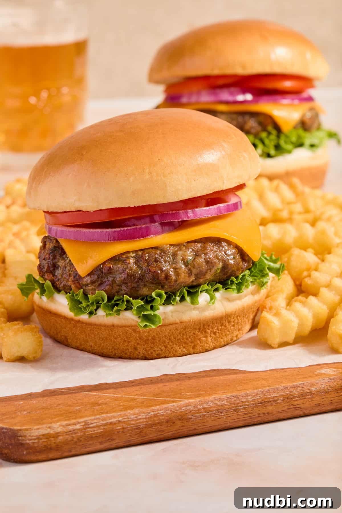 Crispy Air Fryer Hamburgers: Juicy Patties in Minutes 2 Air fryer hamburger on bun with lettuce, tomato, cheese on wood board with french fries.
