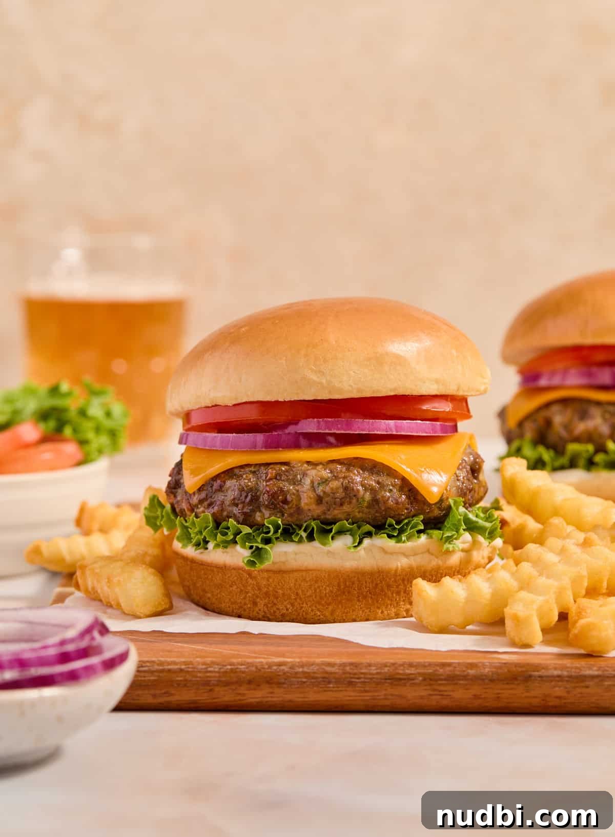 Crispy Air Fryer Hamburgers: Juicy Patties in Minutes 10 Burger on bun with cheese, lettuce, onion and tomato with beer glass in the background and fries on the platter.