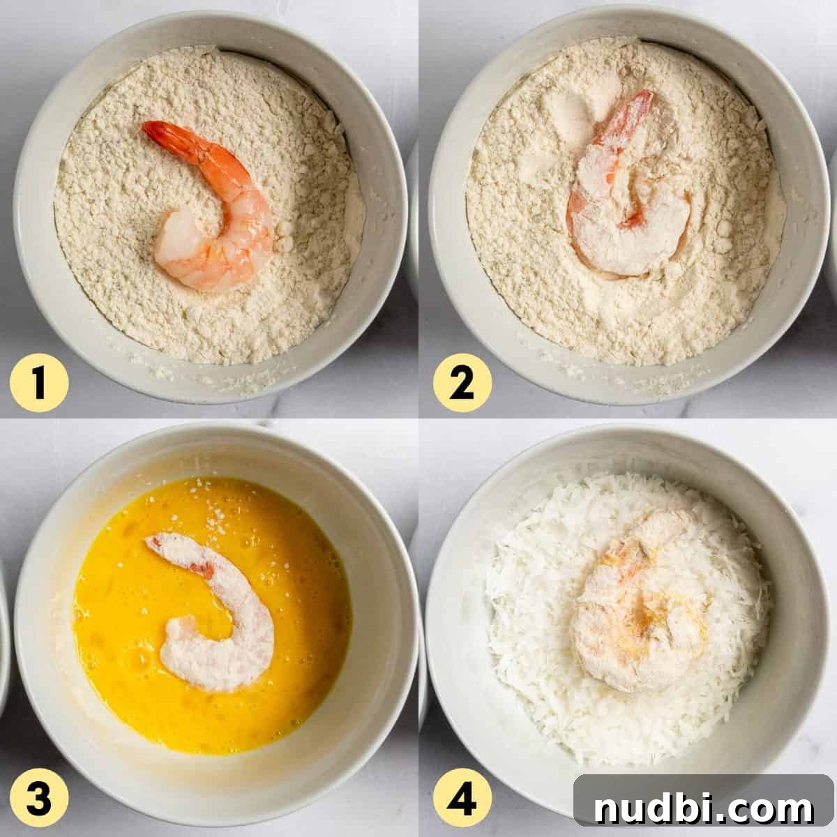 Air Fryer Coconut Shrimp with Honey Sriracha Dipping Sauce 4 Shrimp in bowl of flour, egg, and coconut.