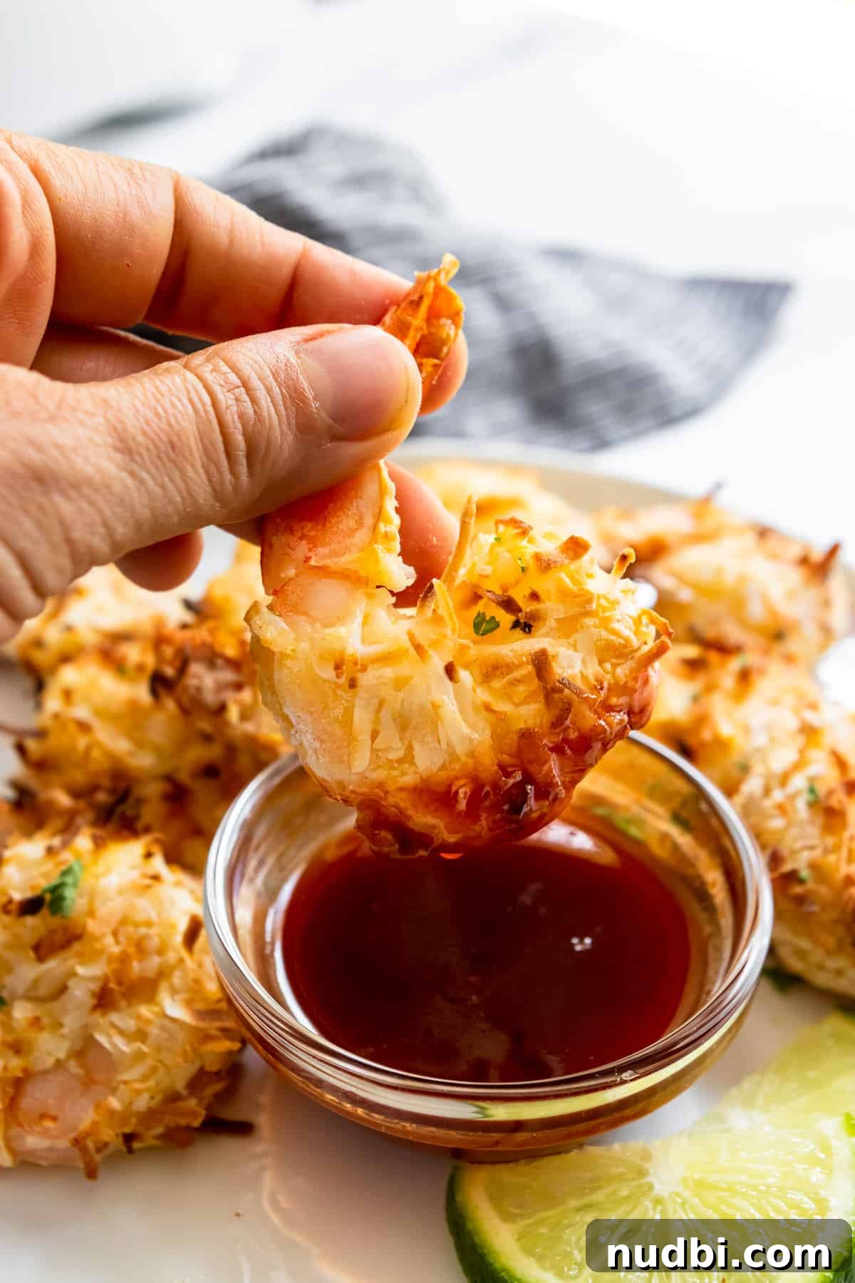Air Fryer Coconut Shrimp with Honey Sriracha Dipping Sauce 5 Shrimp dipped in honey siracha sauce.