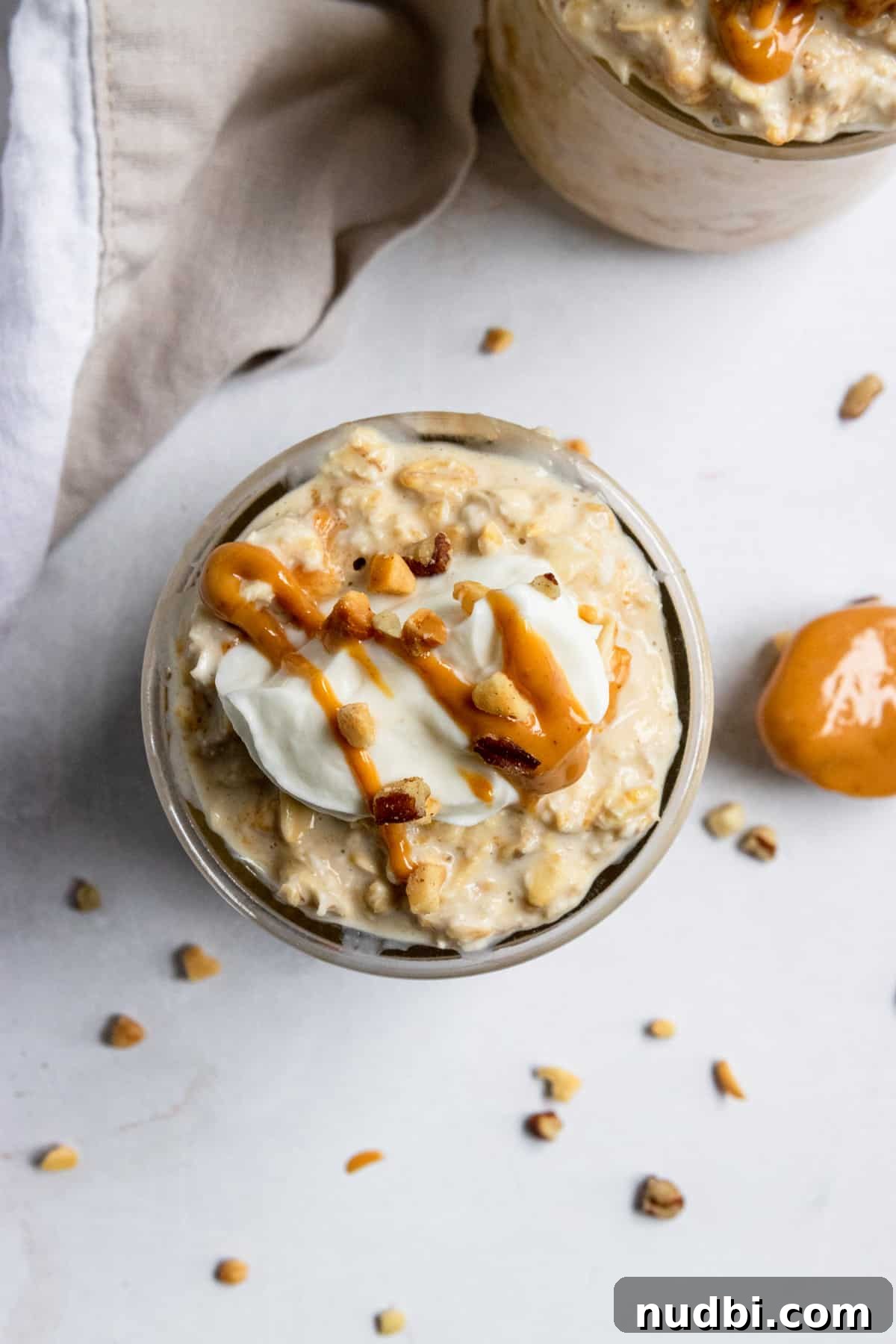 Peanut Butter Greek Yogurt Overnight Oats Recipe for Creamy Breakfast 3 Overhead shot of oatmeal with peanut butter.