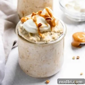 Peanut Butter Greek Yogurt Overnight Oats Recipe for Creamy Breakfast 5 Peanut butter greek yogurt overnight oats in jar.
