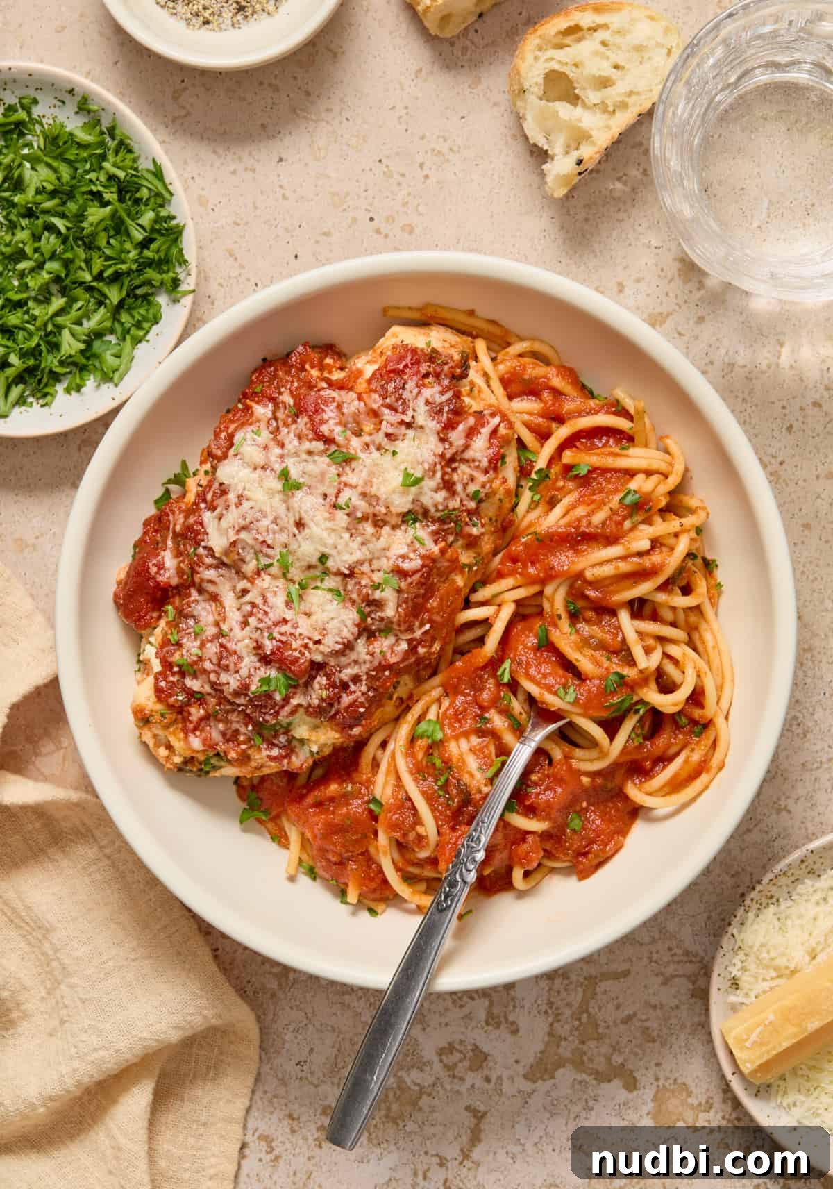 Spinach and Ricotta Stuffed Chicken Breast Recipe 2 White plate with spaghetti in marinara and baked spinach ricotta chicken topped with parsley and parmesan.