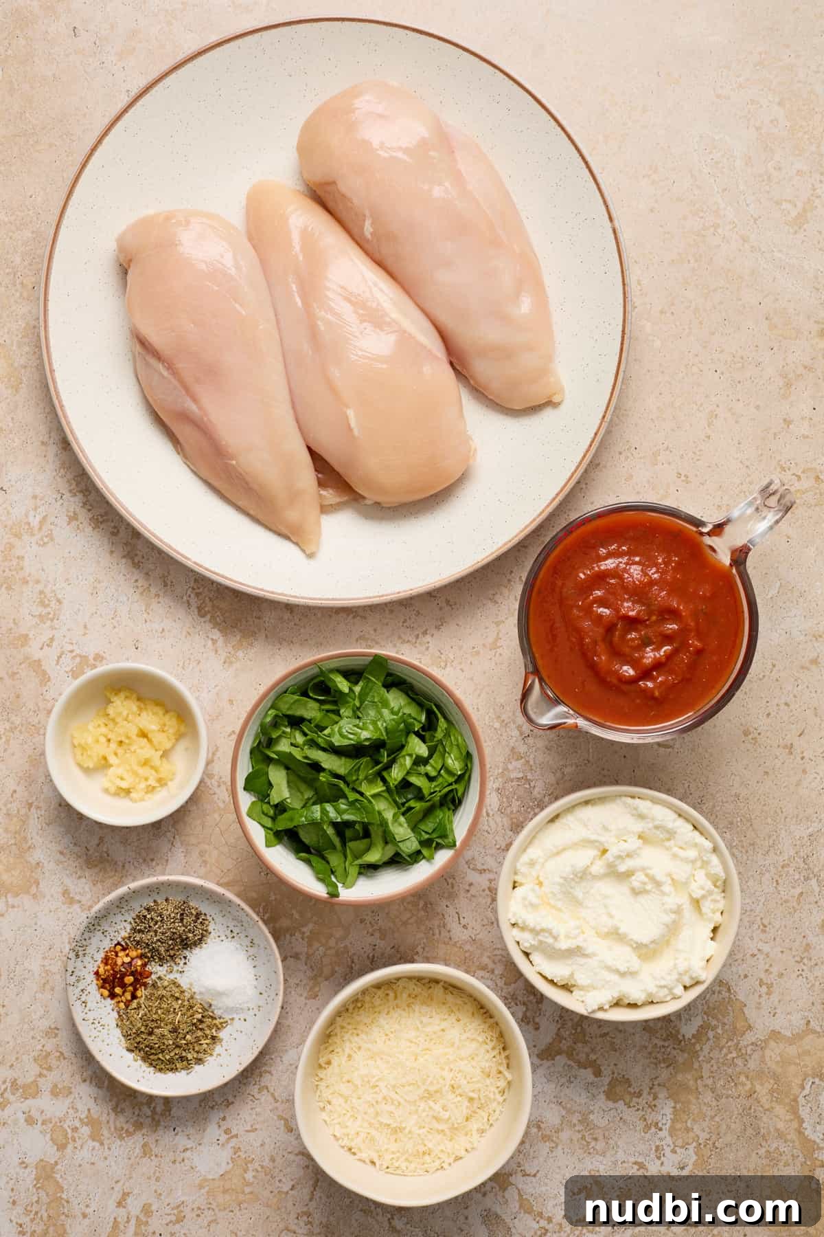 Spinach and Ricotta Stuffed Chicken Breast Recipe 3 Chicken breast, marinara, spinach, parmesan and other ingredients on surface.