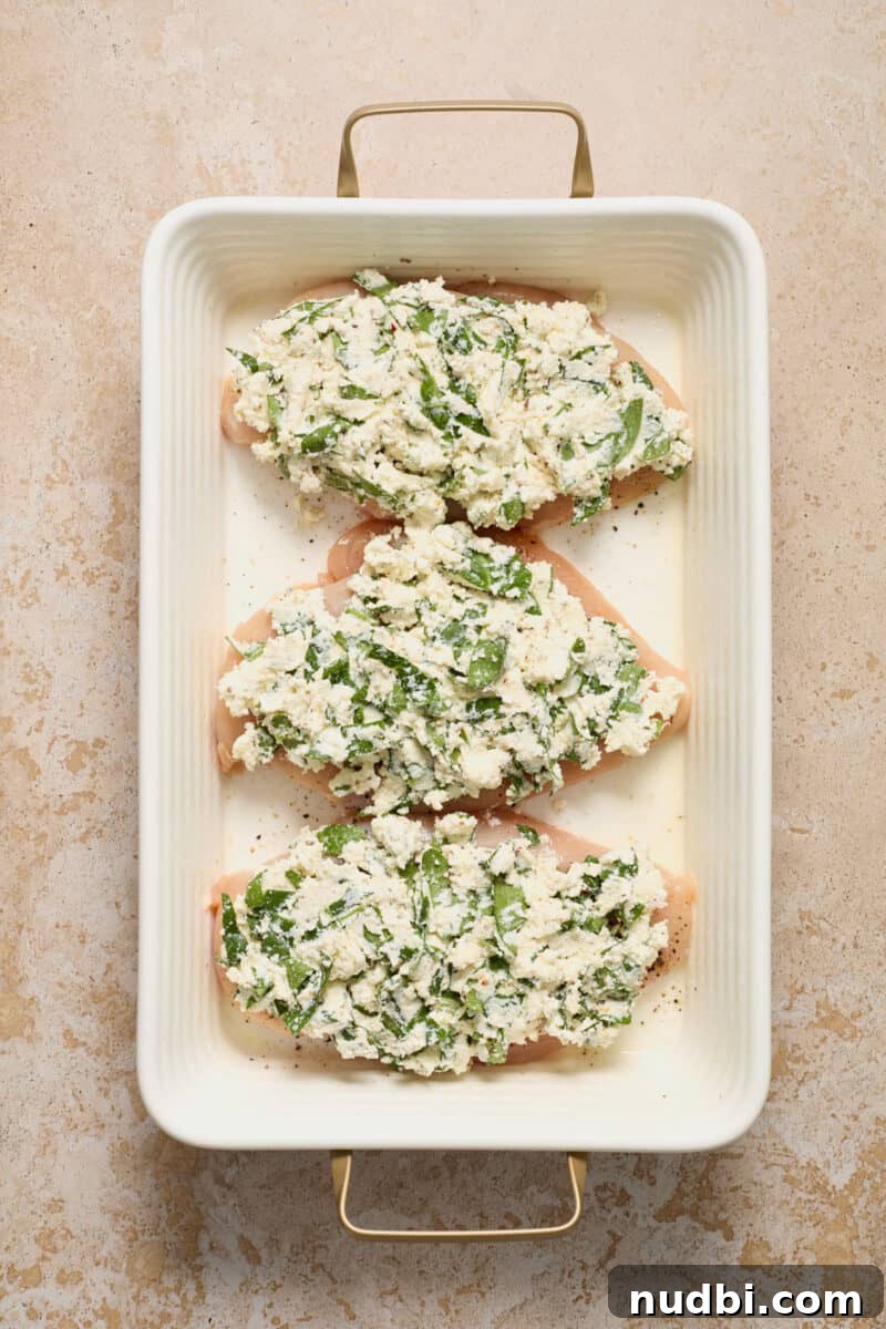 Spinach and Ricotta Stuffed Chicken Breast Recipe 6 Chicken breasts with spinach ricotta mixture smothered over top.