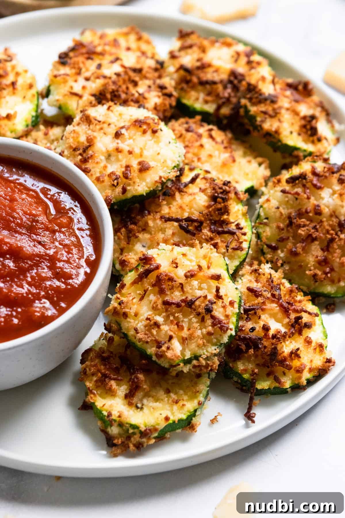 Crispy Air Fryer Zucchini with Three-Cheese Coating 2 Air fried zucchini on white plate with marinara.
