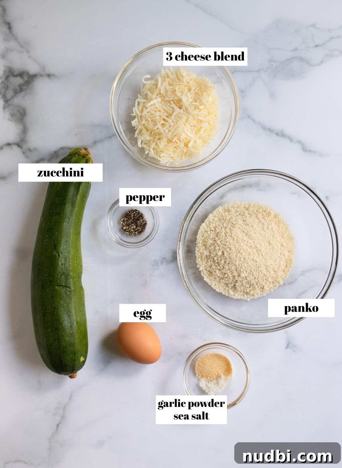 Crispy Air Fryer Zucchini with Three-Cheese Coating 3 Labeled ingredients needed for recipe.