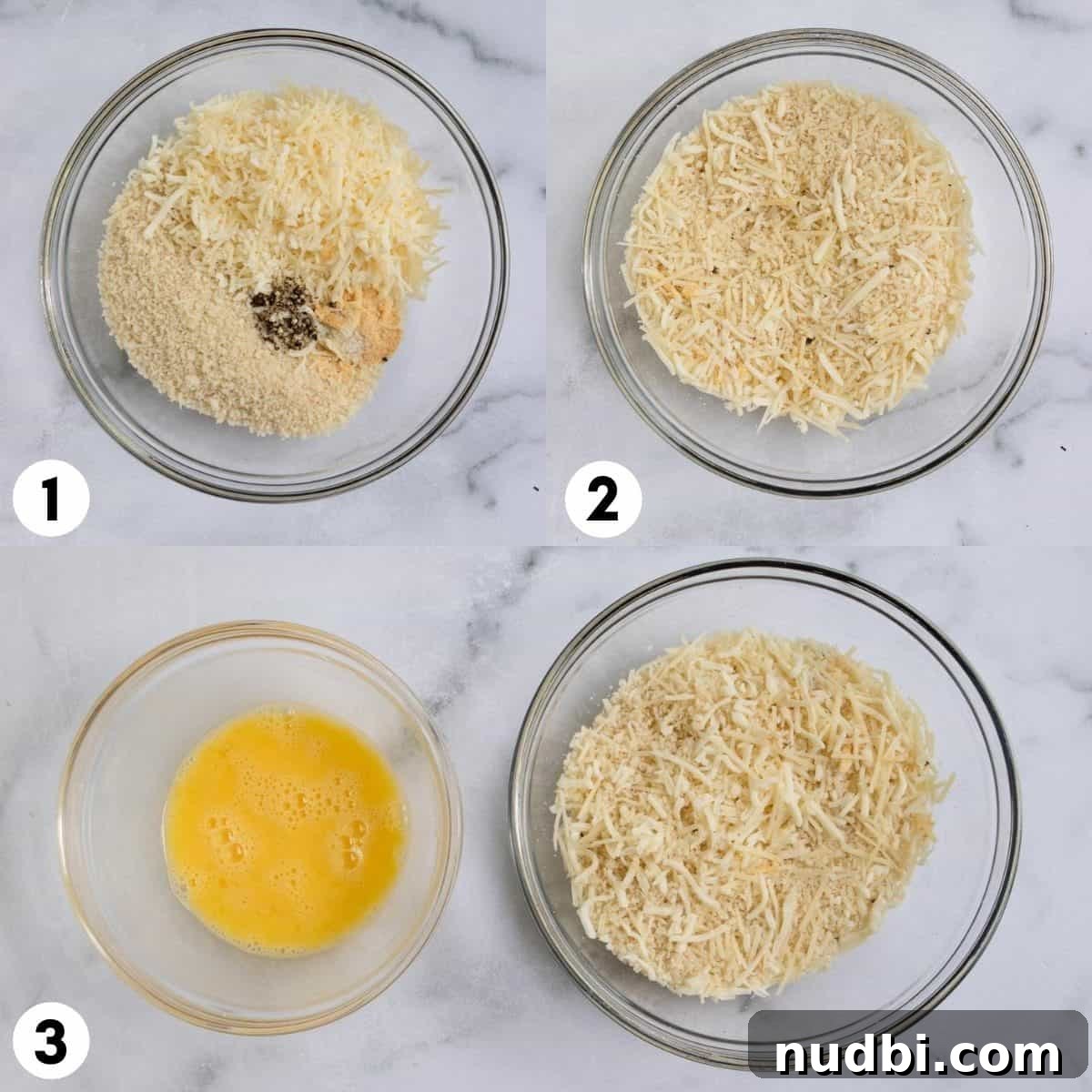 Crispy Air Fryer Zucchini with Three-Cheese Coating 4 Egg wash and panko cheese blend in mixing bowls.