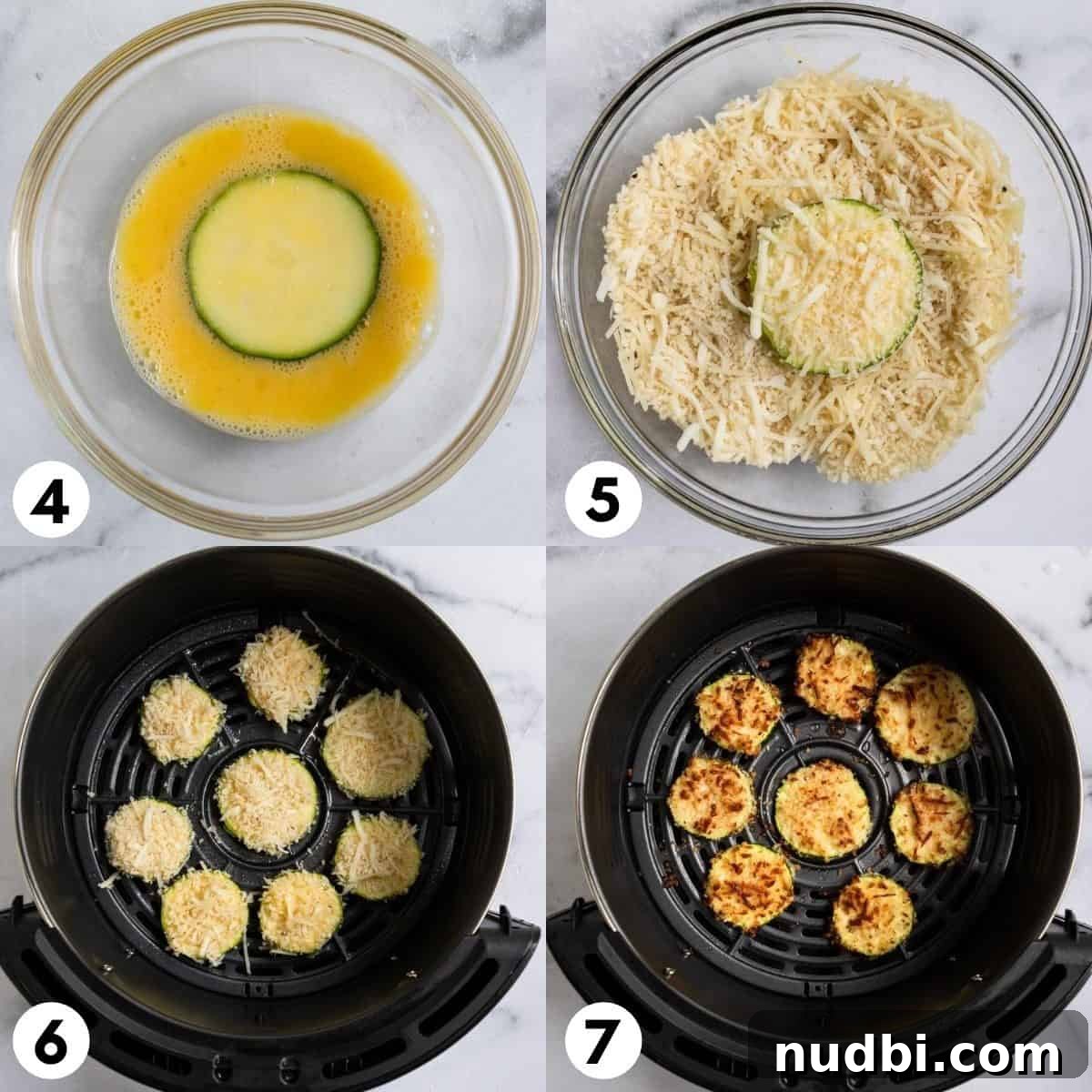 Crispy Air Fryer Zucchini with Three-Cheese Coating 5 Zucchini dipped in egg and then in cheese and panko mixture.