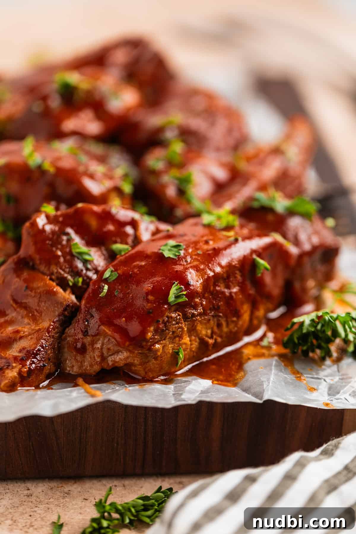 Slow-Cooker Country-Style BBQ Ribs: Tender, Fall-Off-the-Bone Recipe 2 Country style BBQ ribs on wood board topped with wax paper and topped with parsley.