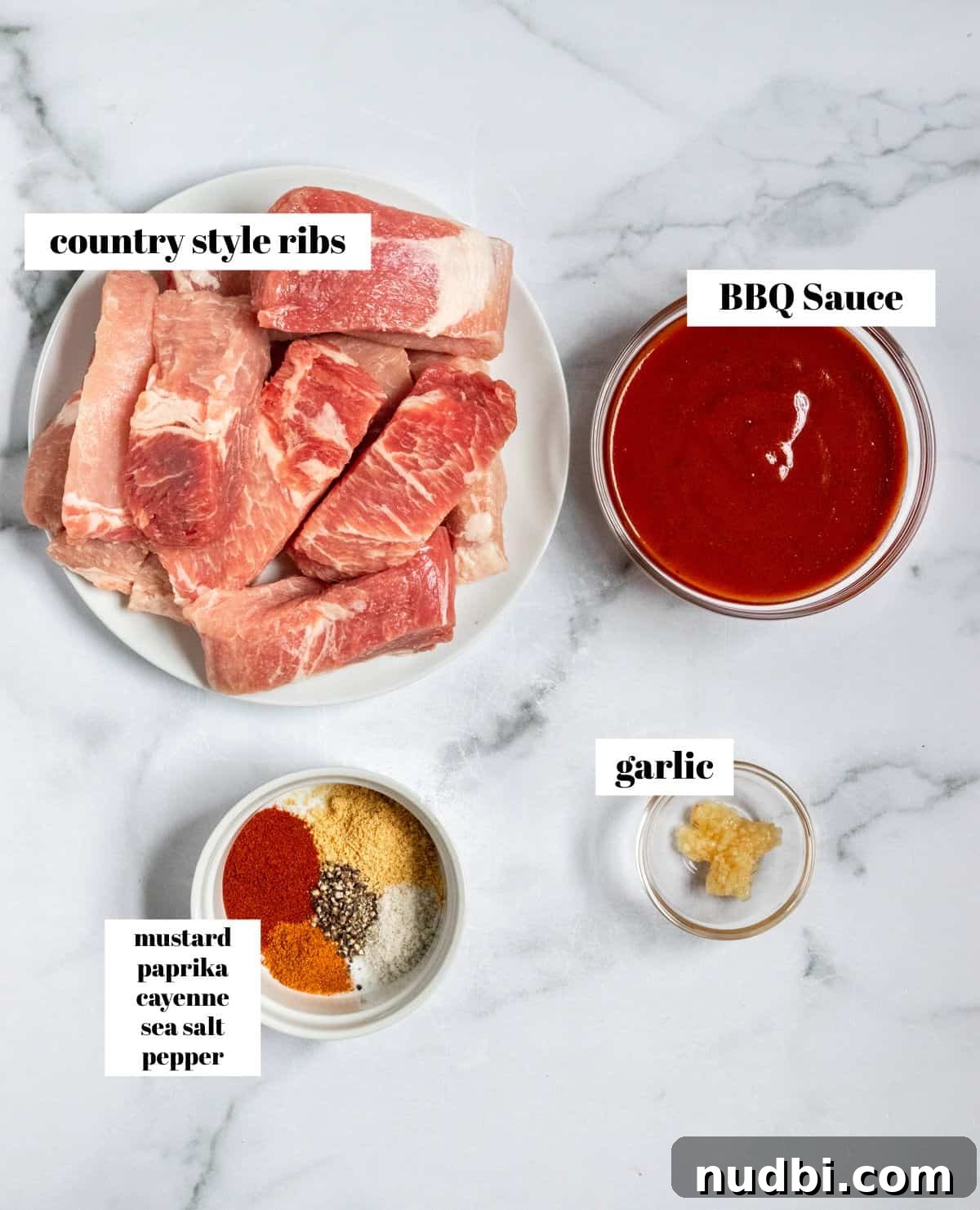 Slow-Cooker Country-Style BBQ Ribs: Tender, Fall-Off-the-Bone Recipe 5 Raw ribs, BBQ sauce, garlic and spices on counter, labeled.