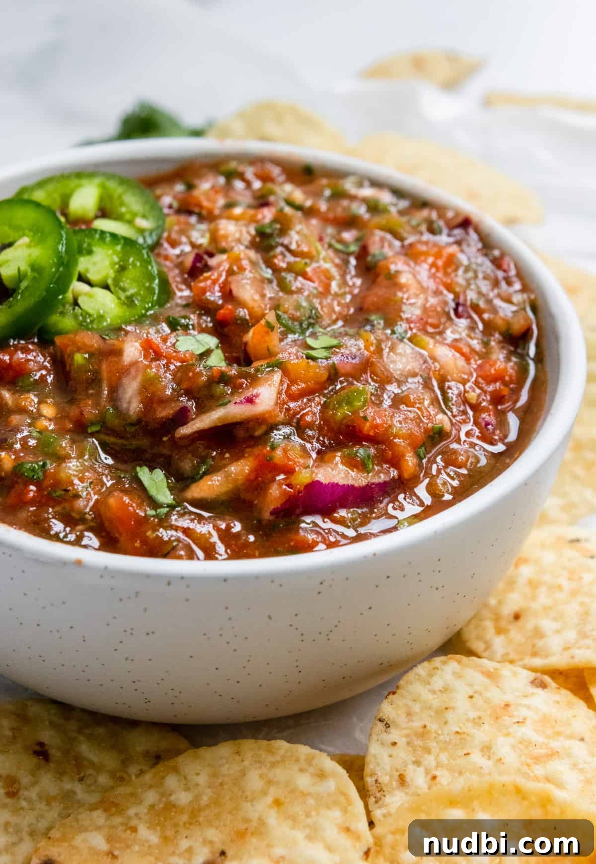 Smoky Roasted Tomato Salsa Recipe for Fresh Homemade Salsa 2 Roasted tomato salsa in bowl with jalapeños.