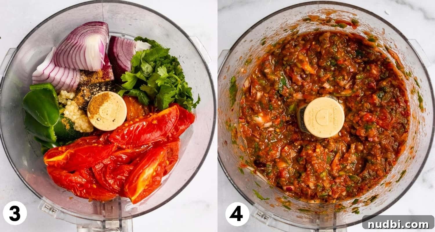Smoky Roasted Tomato Salsa Recipe for Fresh Homemade Salsa 5 Ingredients in food processor.