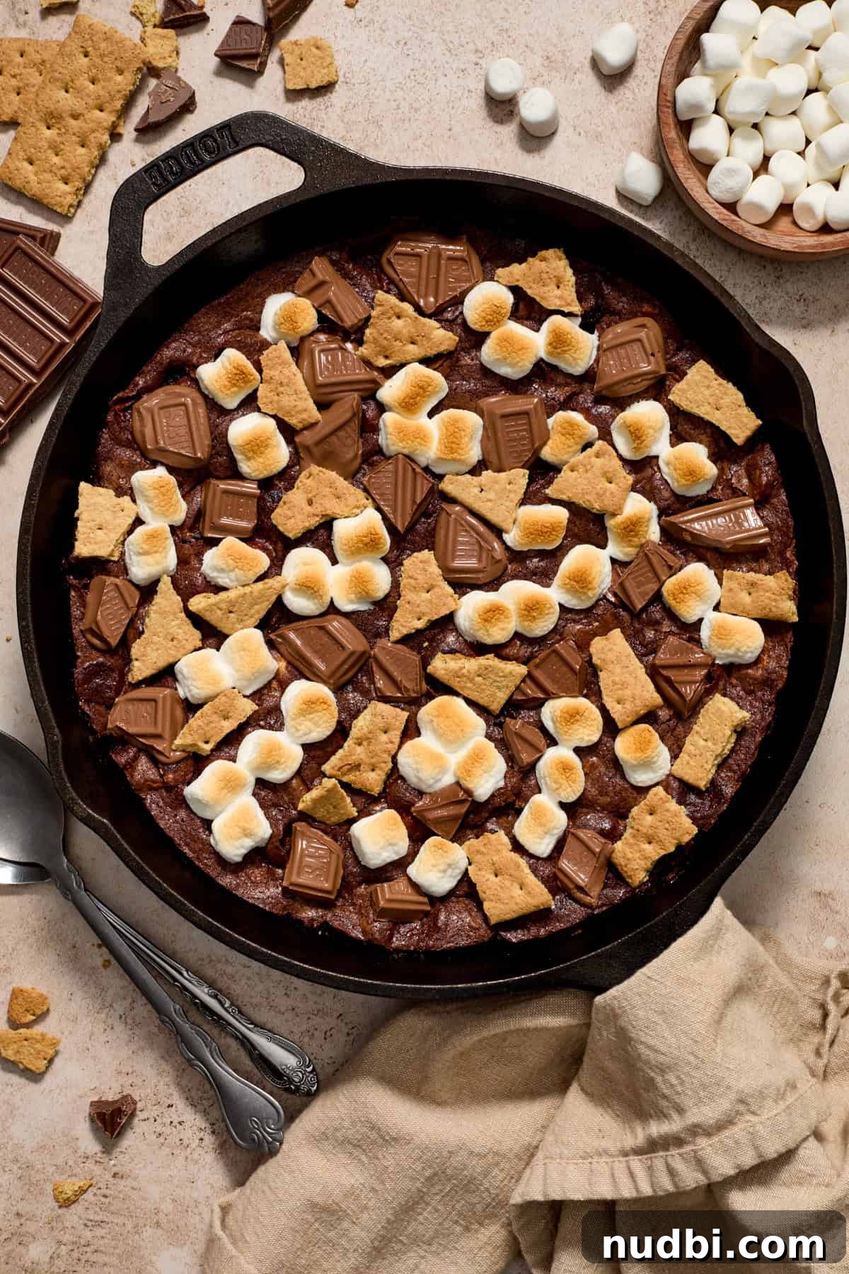 Skillet S'mores Brownie Recipe: Gooey Campfire Dessert 7 Brownie skillet with s'mores toppings melted over top.