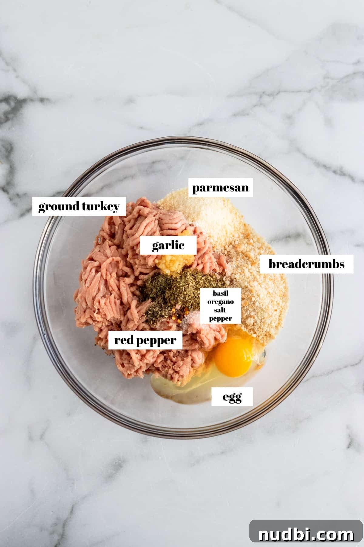 Mozzarella-Stuffed Turkey Meatballs Recipe for Juicy Bites 3 Meatball ingredients in mixing bowl labeled.