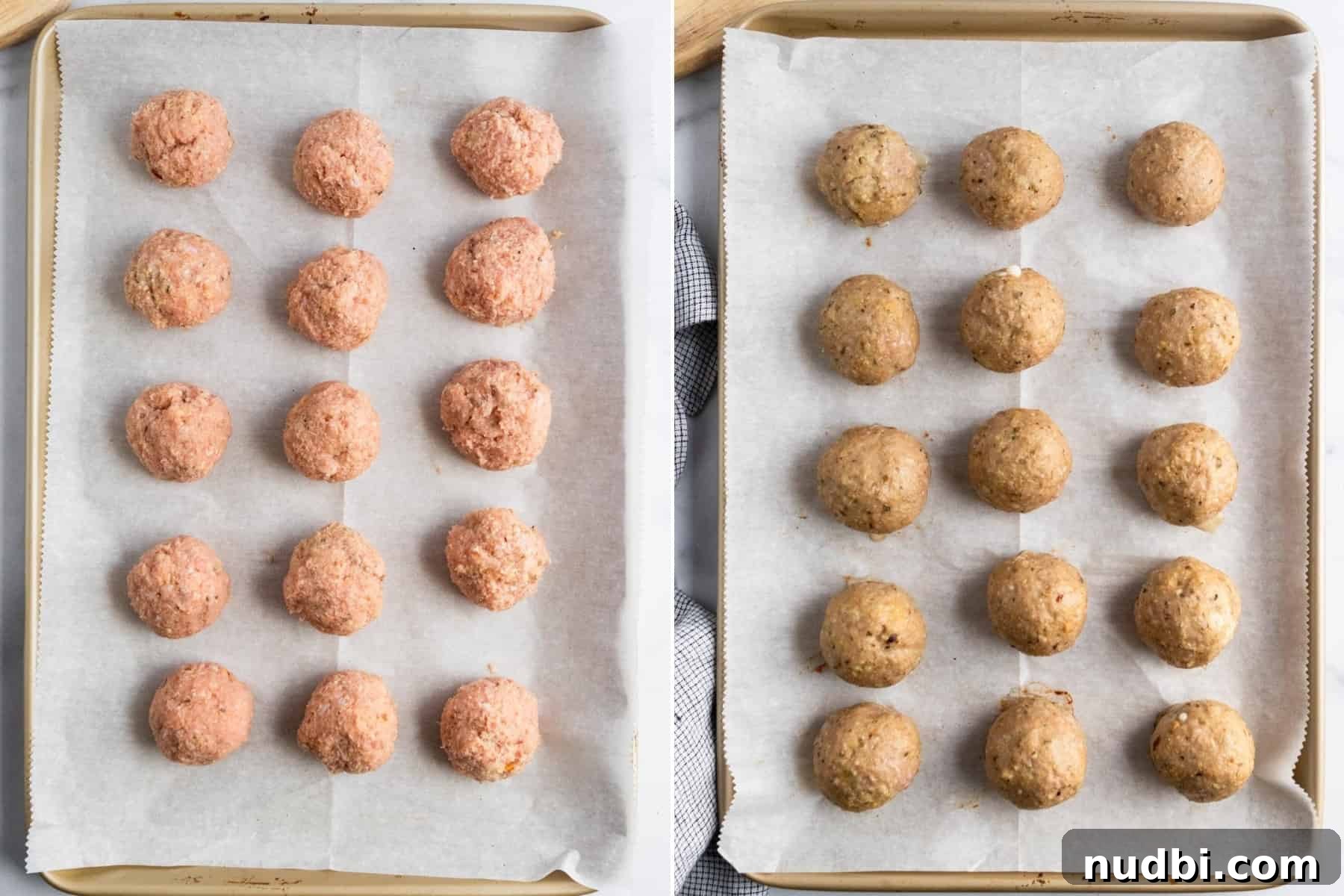 Mozzarella-Stuffed Turkey Meatballs Recipe for Juicy Bites 5 Meatballs lined on baking sheet.