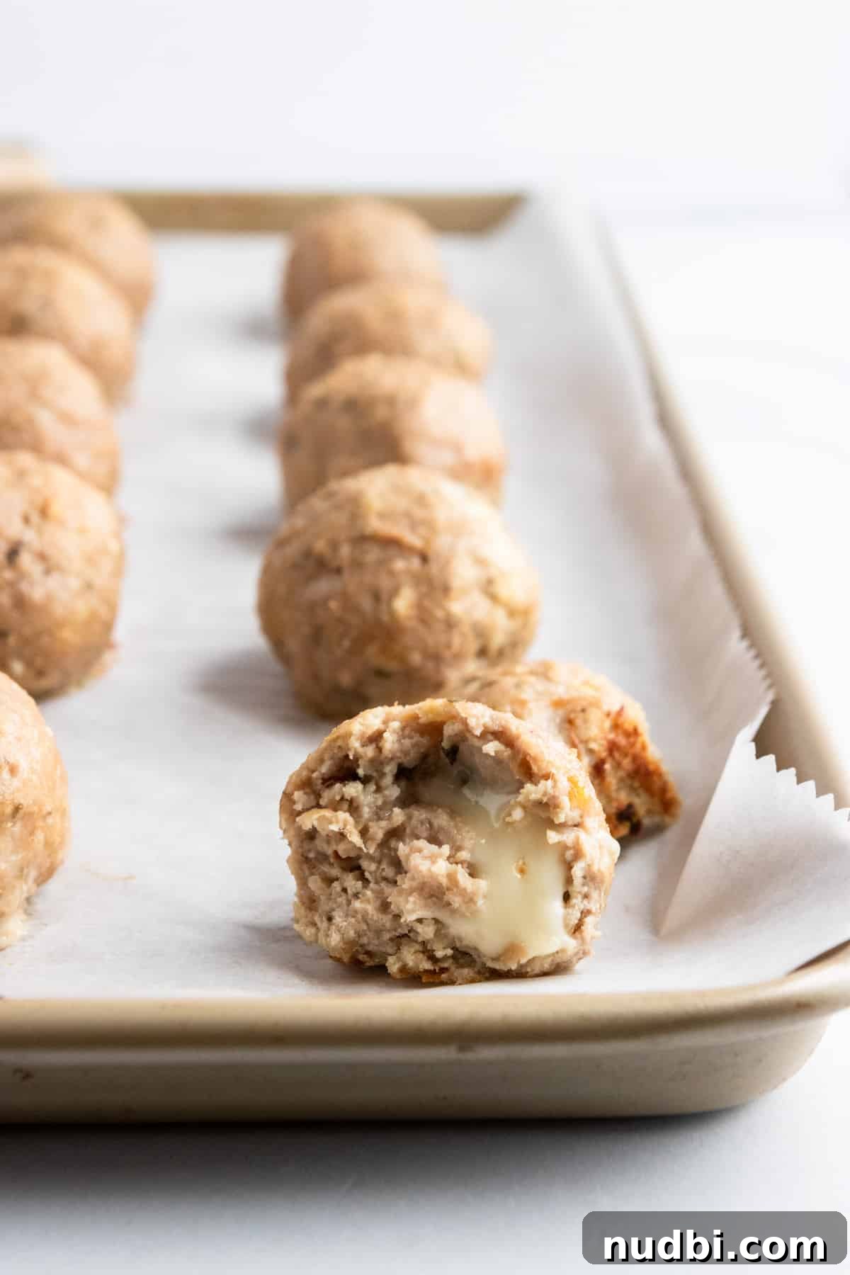 Mozzarella-Stuffed Turkey Meatballs Recipe for Juicy Bites 6 Baked meatballs on baking pan with mozzarella oozing.