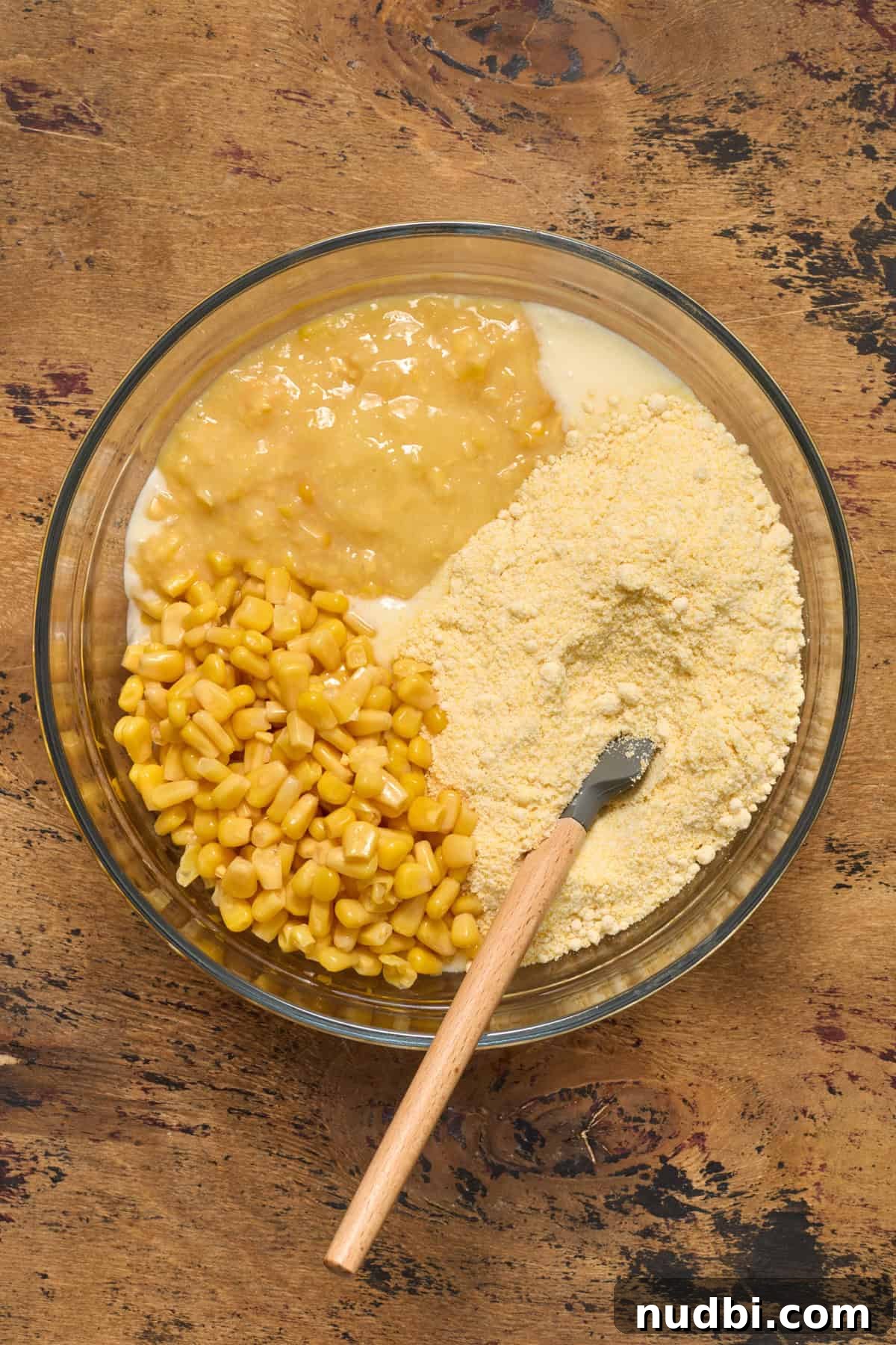 Sweet Honey Cornbread Casserole Recipe for Comforting Family Meals 7 Cornbread mix, corn and creamed corn in bowl with spatula.