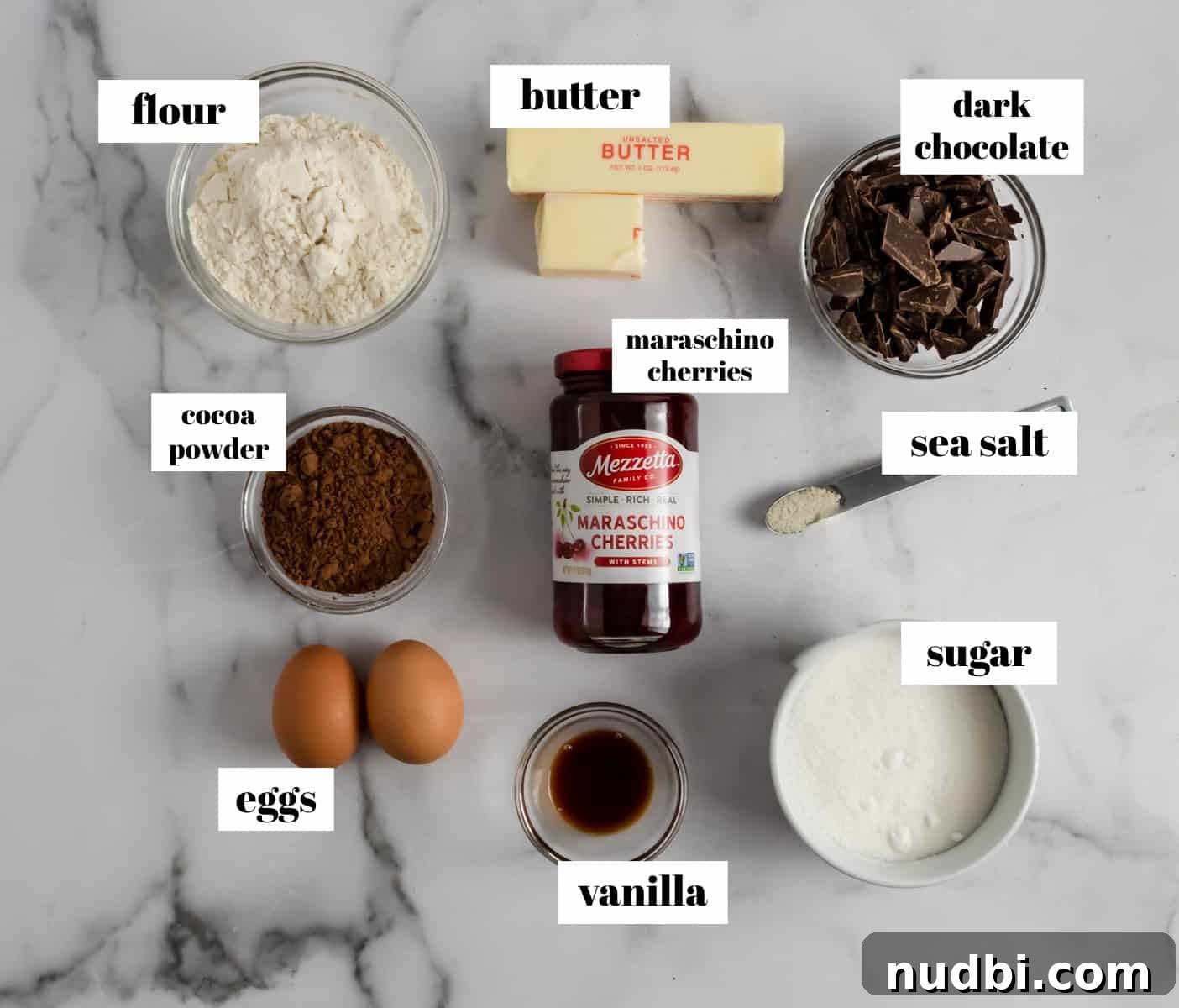 Decadent Dark Chocolate Cherry Brownie Recipe 4 Brownie ingredients labeled on counter.
