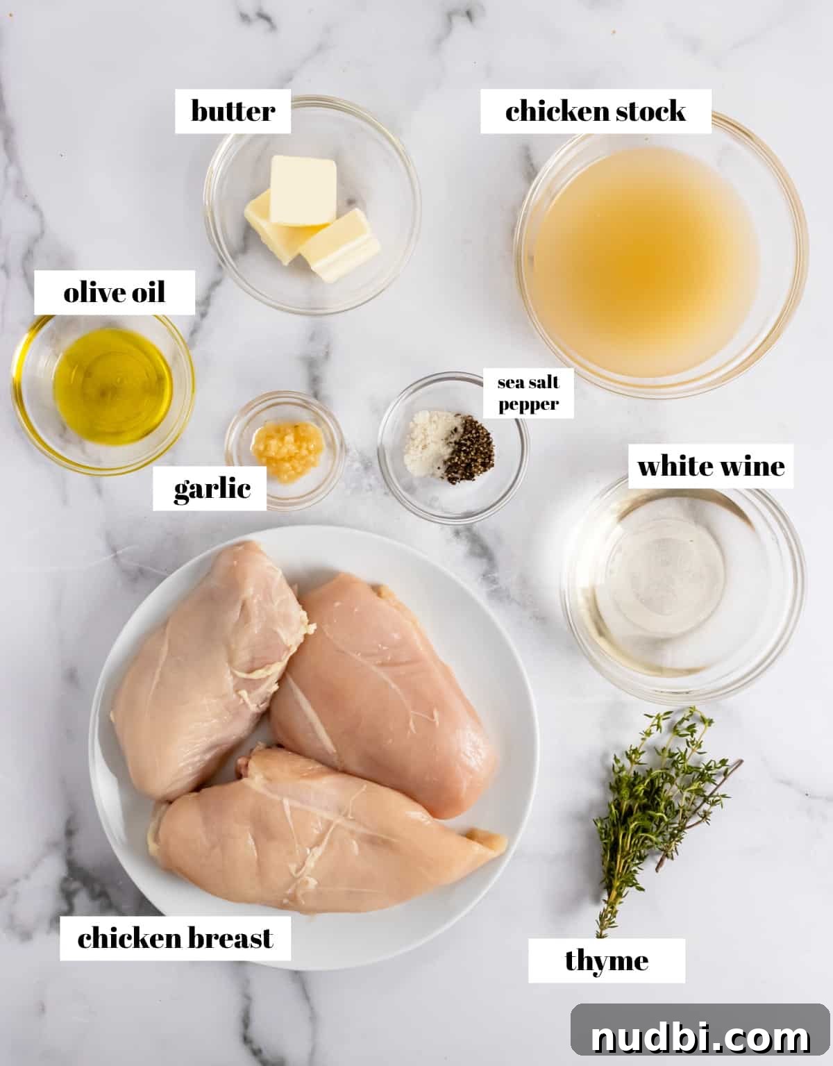 Simple White Wine Chicken Recipe for Weeknight Dinners 3 Chicken, wine, butter, thyme and labeled ingredients for recipe.