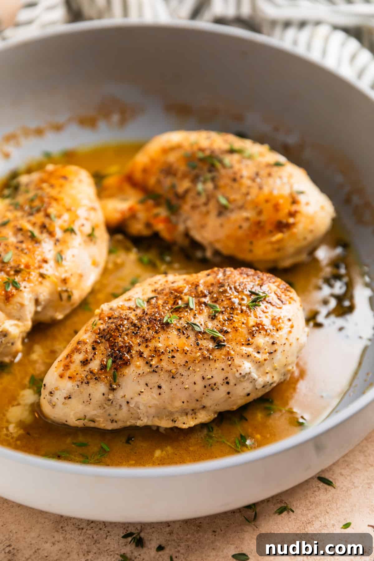 Simple White Wine Chicken Recipe for Weeknight Dinners 7 Pan seared chicken breasts in skillet with white wine sauce with thyme sprigs.