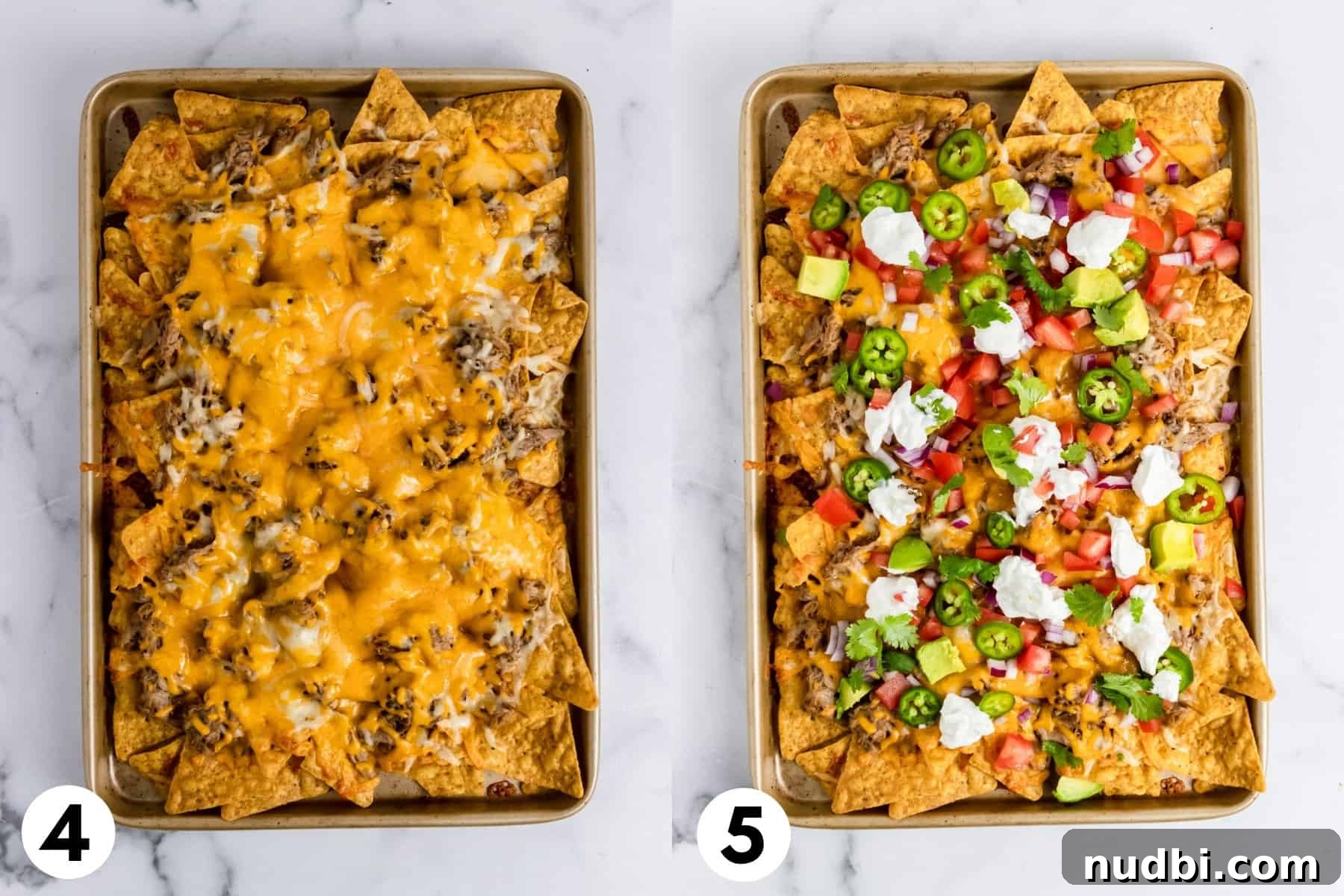 Ultimate Pulled Pork Nachos Recipe for Game Day Crowd 5 Cooked nachos with toppings on sheet pan.